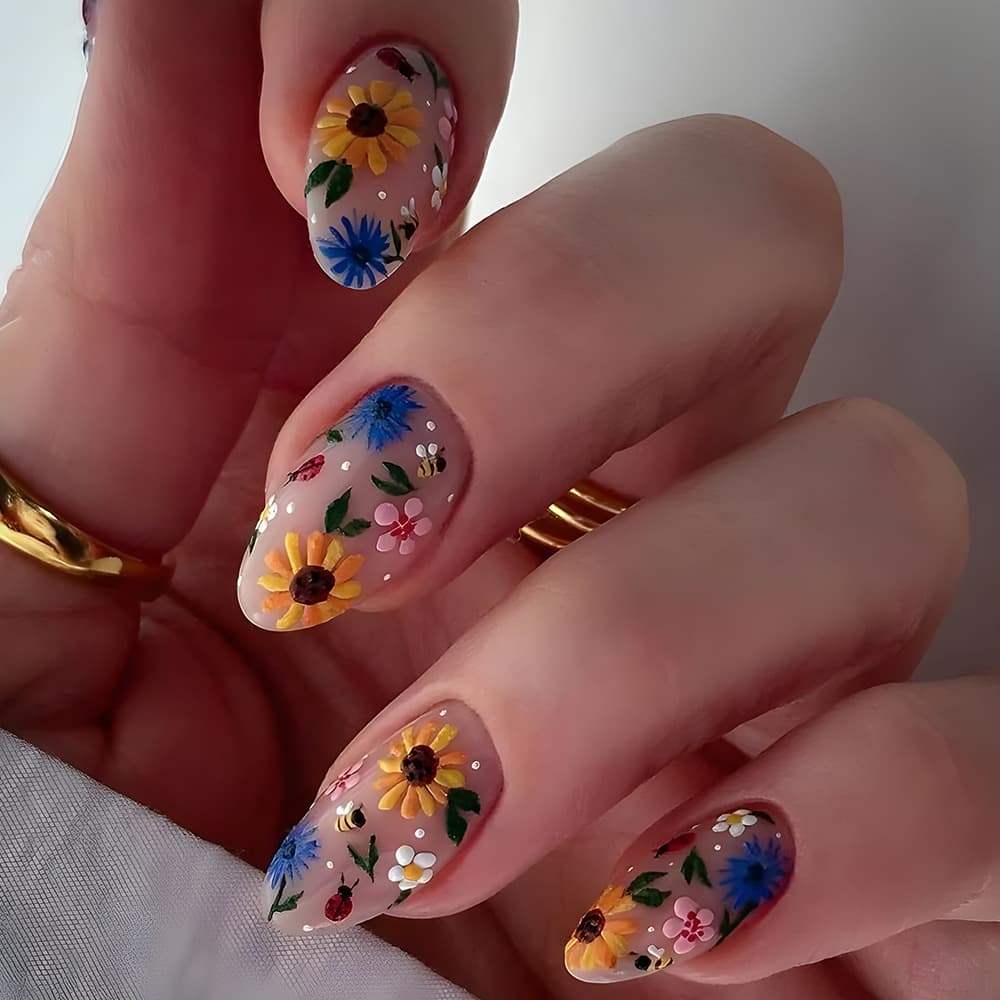 24 Pieces Of Short Almond-shaped Wearable Acrylic Nail Stickers Featuring Yellow Flowers And Bees, With A Pressed Design. Includes 1 Tube Of Gel And 1 Nail File. Nail Accessories.