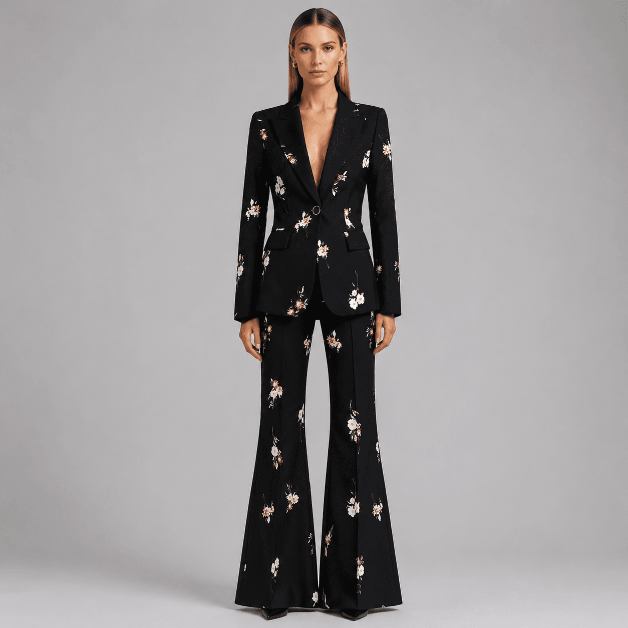 Floral Print Single Button Blazer & Floor-Length Flared Pants 2-Piece Suit Set