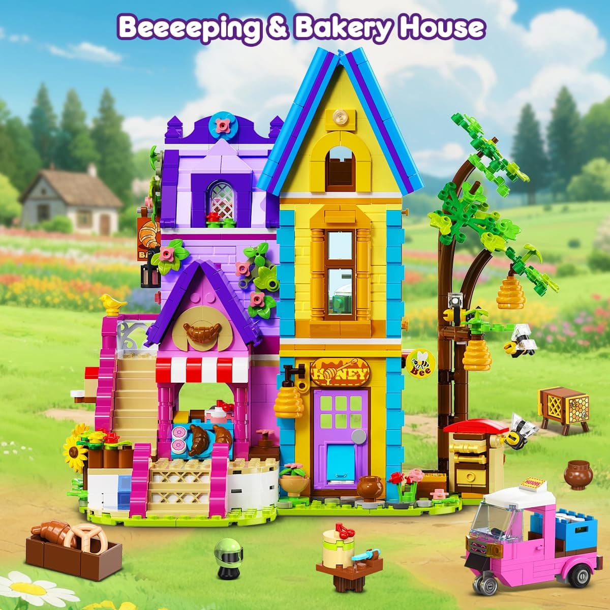 HOGOKIDS Beekeeping & Bakery House Building Toy With LED Light - 1084PCS Friends Girls Baking Building Set With Honey Workshop, Pretend Play Birthday For Kid Girls Boys