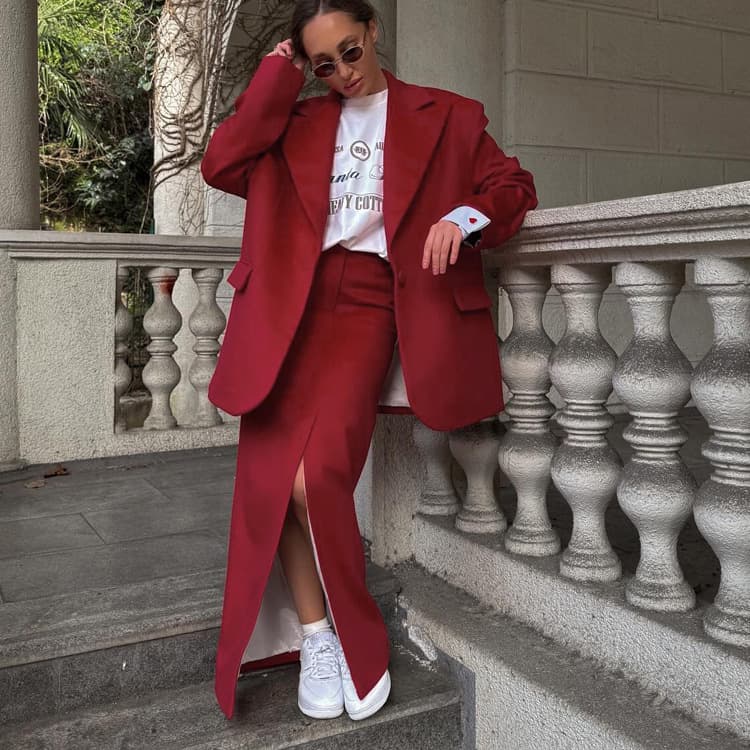 Single Button Notched Lapel Blazer & High Waist Front Slit Maxi Skirt Two-Piece Suit Set