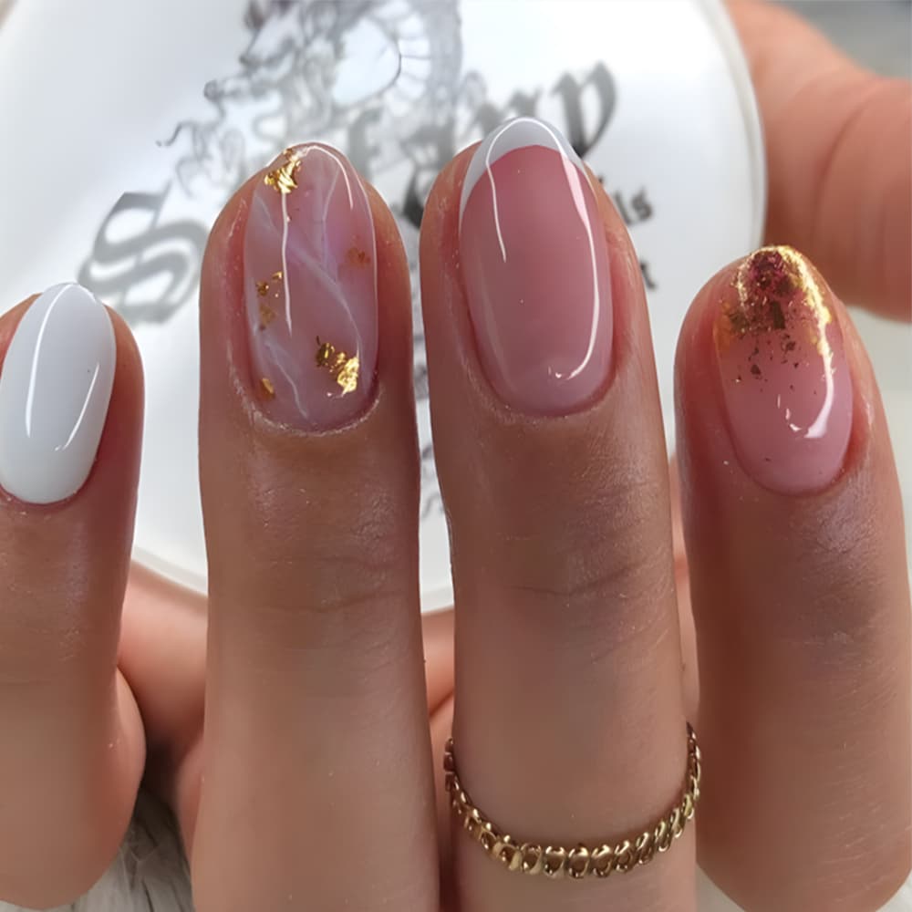 24-piece Short Oval Gold Foil Shimmer Nail Polish Set For French Manicure.Works On Long Nails.Suitable For Women And Girls.