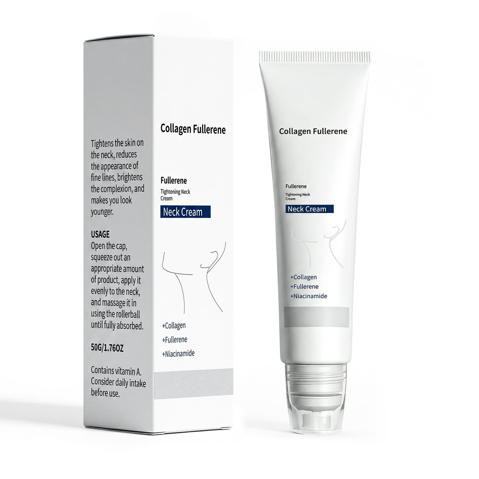 Collagen Fullerene Neck Cream With Roller Massager, Anti-Aging Neck Firming Cream, Reduces Wrinkles & Double Chin, 50g
