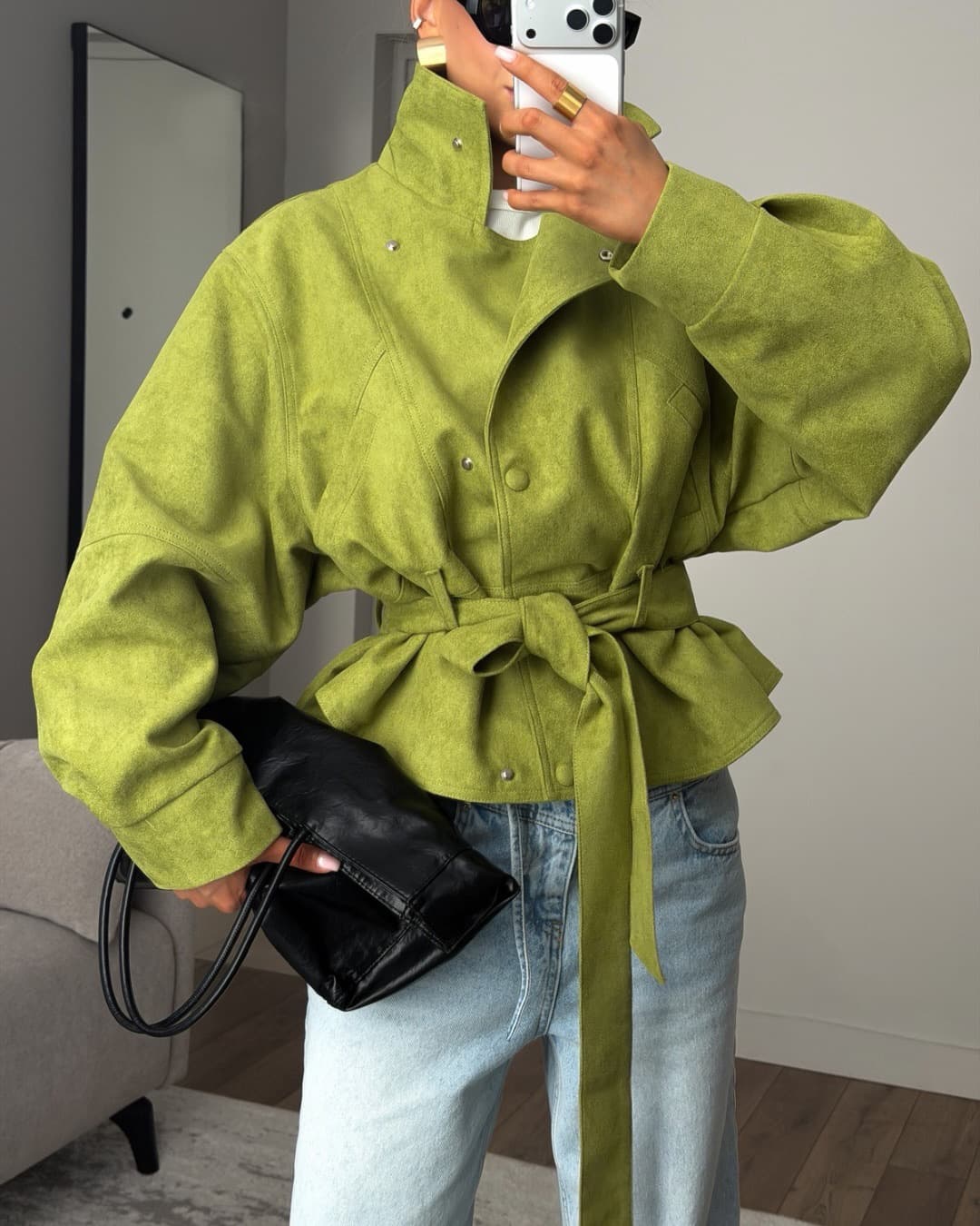 Faux Suede Stand Collar Waist Tie Oversized Jacket