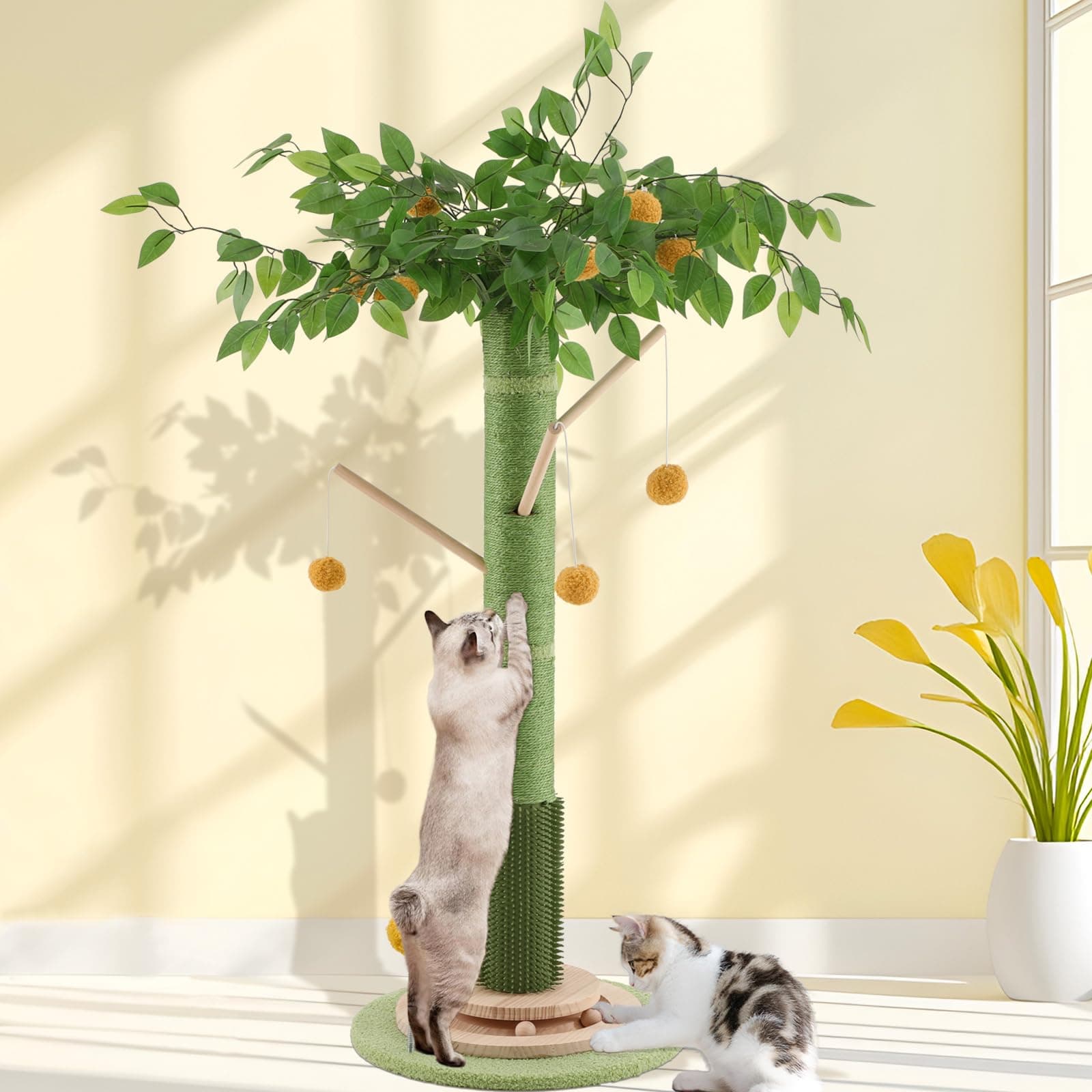 Cat Scratching Post, Tall Cat Scratcher Tree For Indoor Cats Adults With Natural Sisal Rope, Large Scratching Posts With Rubber Brush, 3-Layer Solid Wood Base And Balls Track Toy