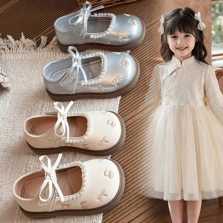 New Arrival Girls' Leather Shoes For Spring And Autumn, Kids' Flat Shoes With Pearls, Bows And Embroidery, Stylish Performance Shoes For Little Girls