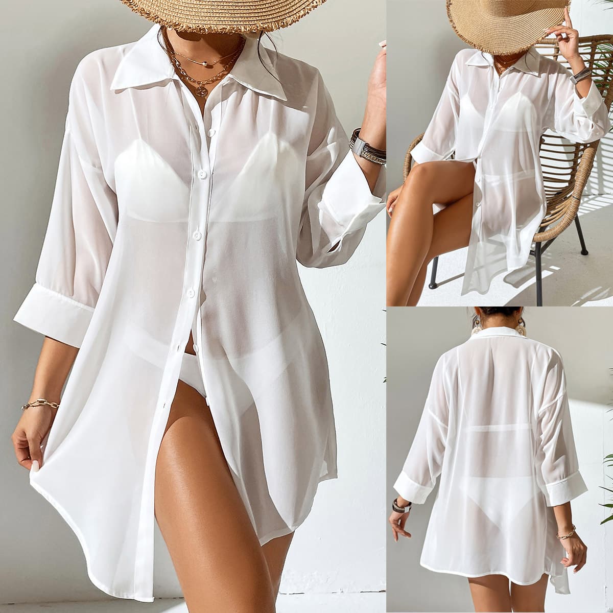 Women Chiffon POLO Casual Sun Protection Beach Cover Up Shirt, Thin Mesh Blouse, In Stock, Hot Selling For European & American Market