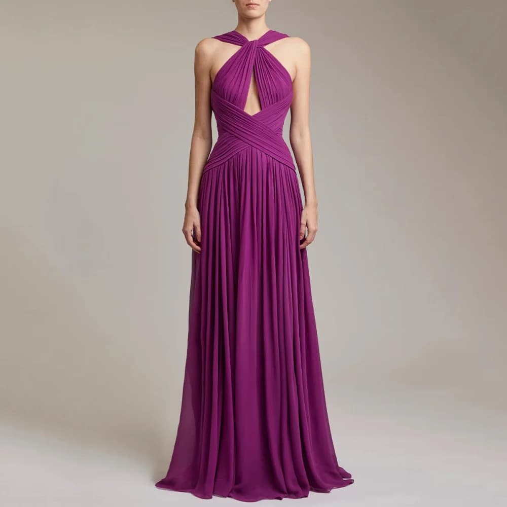 Twist Halter Keyhole Cross Ruched Chiffon Floor Length Evening Maxi Dress