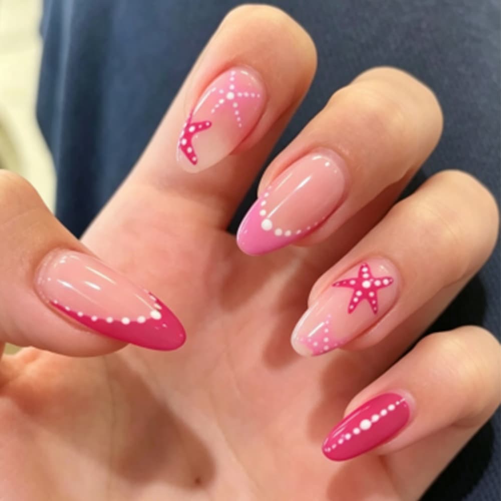 24 Pieces Of Short Almond-shaped Fake Nails In Sea Star Acrylic Nail Stickers With Pink Gradient Effect And French Pressing Style, Including 1 Piece Of Jelly Glue And 1 Nail File.