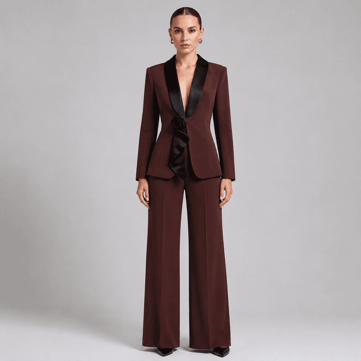 Satin Lapel 3D Floral Decor Blazer & Wide Leg Floor Pants 2-Piece Suit Set