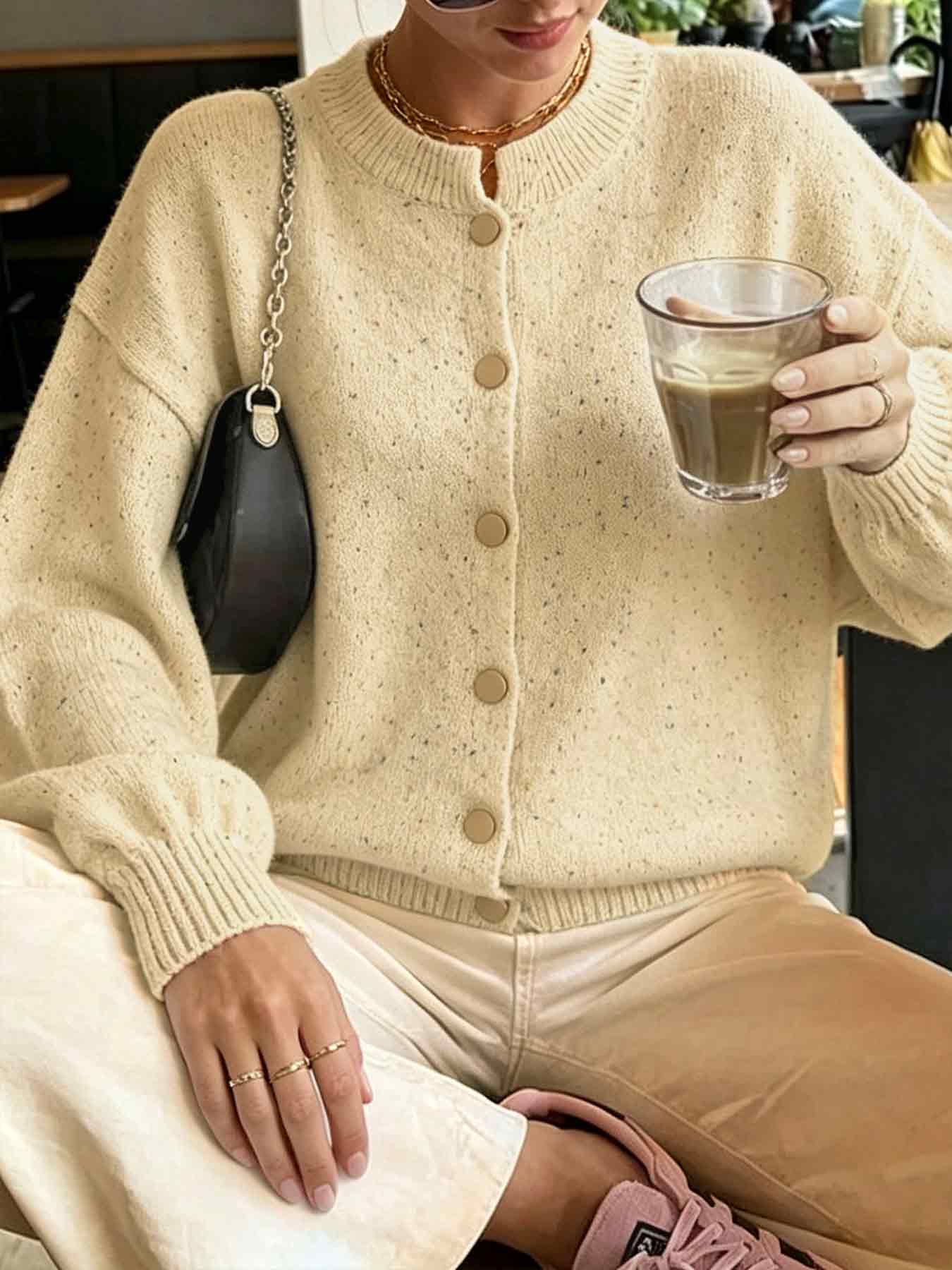 Women Vintage Crew Neck Speckled Knit Cardigan Oversized Balloon Sleeve Button Sweater
