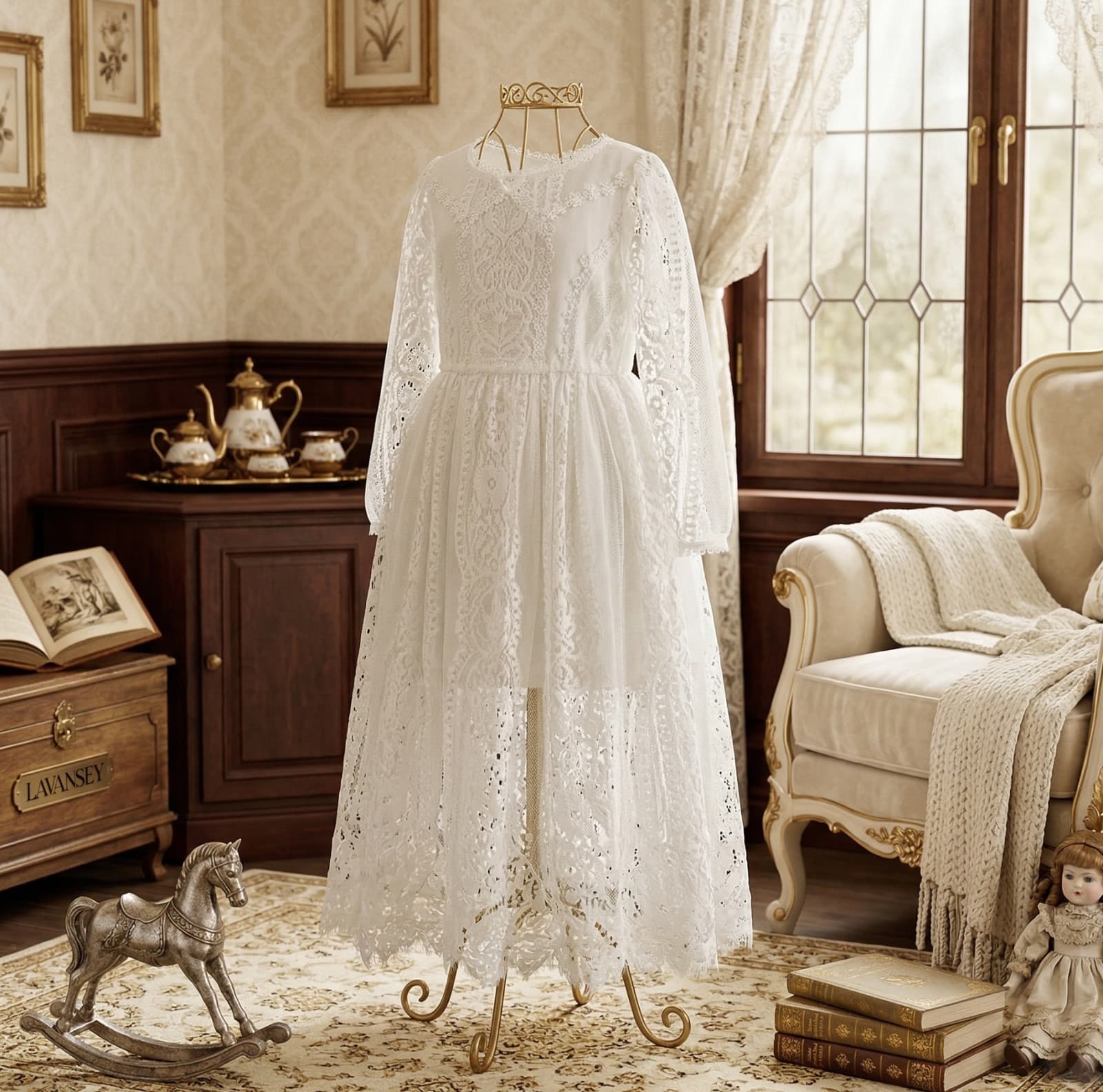 Girl Vintage White Long Lace Fairy Dress For Girls Extra Long  Skirt 2-4Y