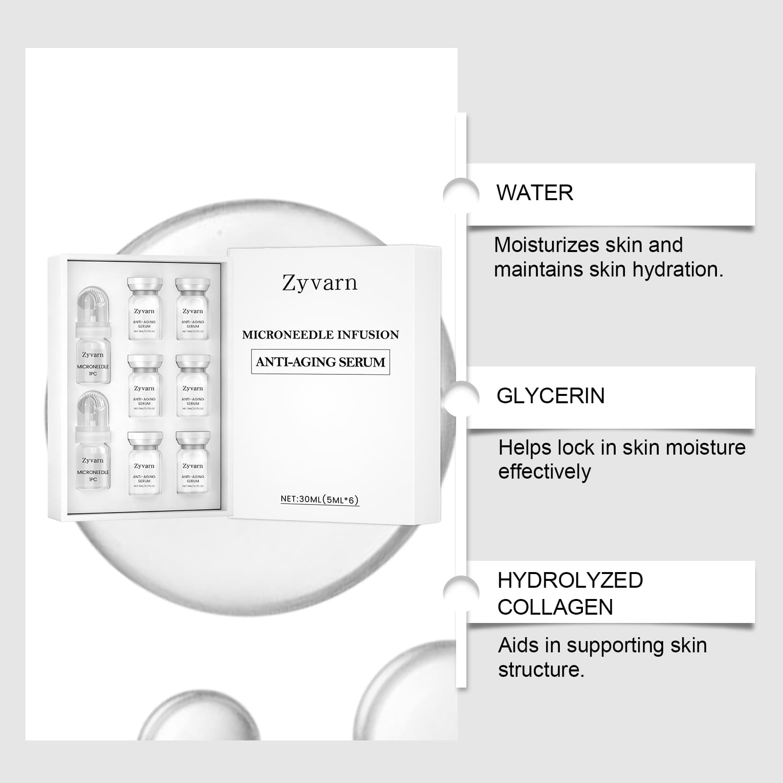 Zyvarn Micro-Needle Infusion Anti-Aging Serum Set, 6 Bottles Ampoule Facial With Derma Roller For Daily Skin Care