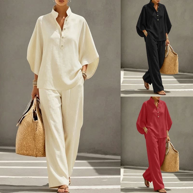 Women's Two Piece Outfit Stand Collar Half Button Batwing Sleeve Top & Wide Leg Pants Set Casual Blend Loose Tracksuit For Summer