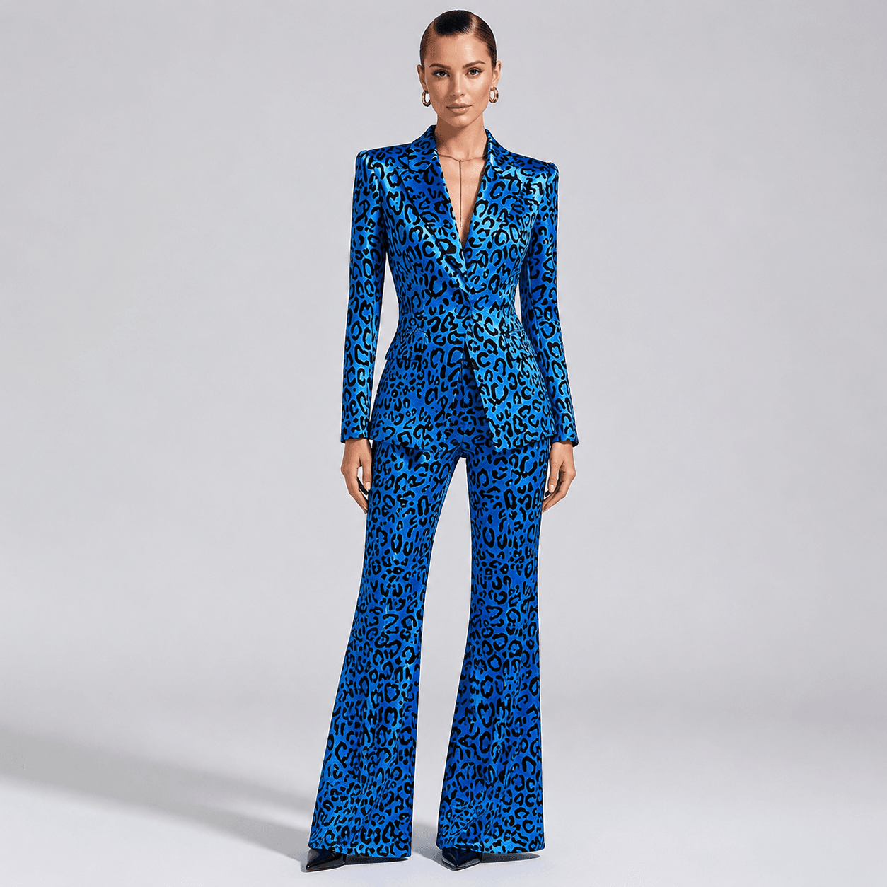 Leopard Print Single Button Blazer & Flared Floor Pants 2-Piece Suit Set