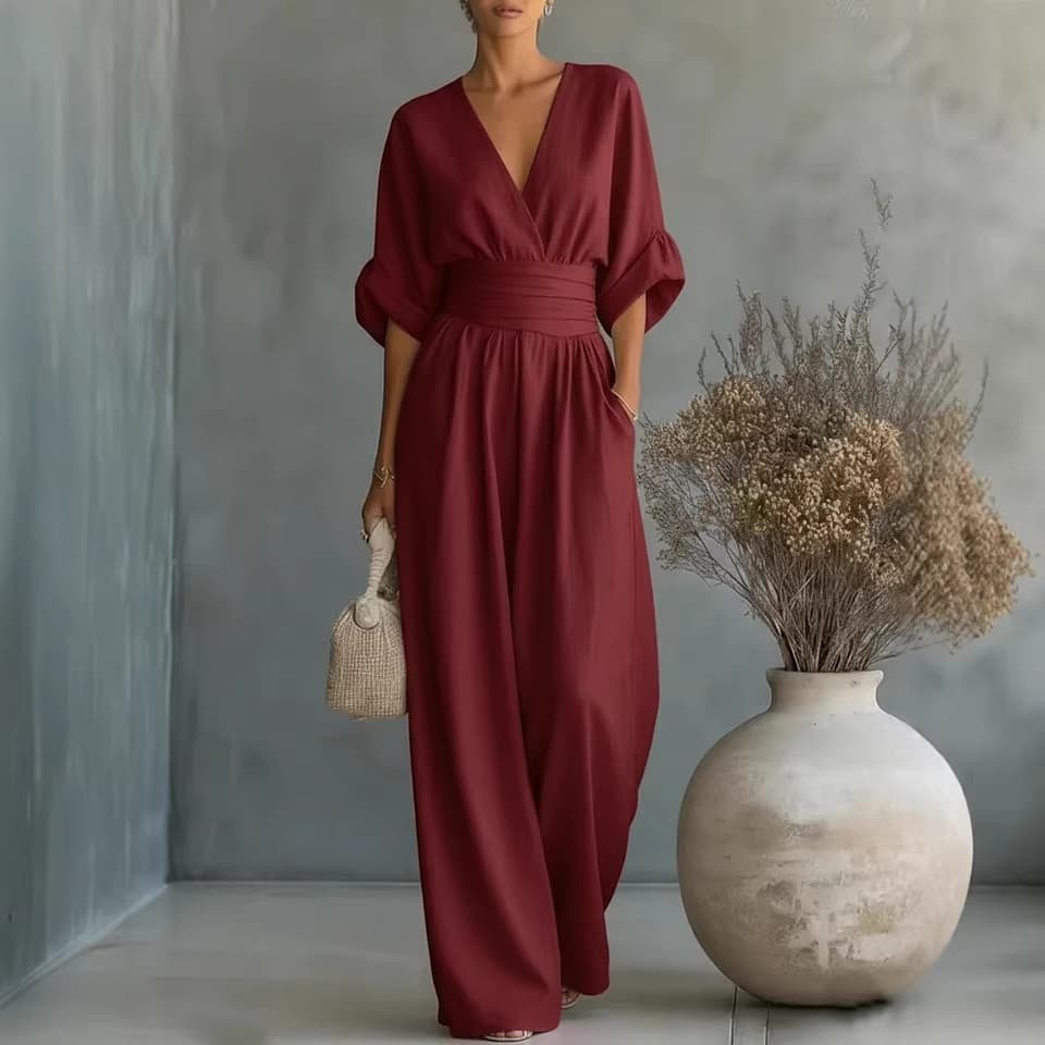 Elegant Deep V Neck Waist Wrap Sleeve Wide Leg Floor Length Jumpsuit