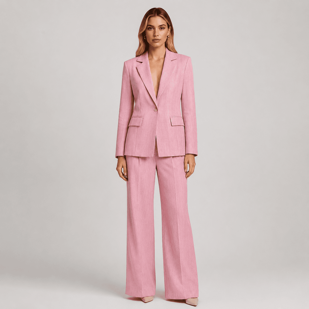 Single Button Blazer & Pleated Wide Leg Pants 2-Piece Suit Set