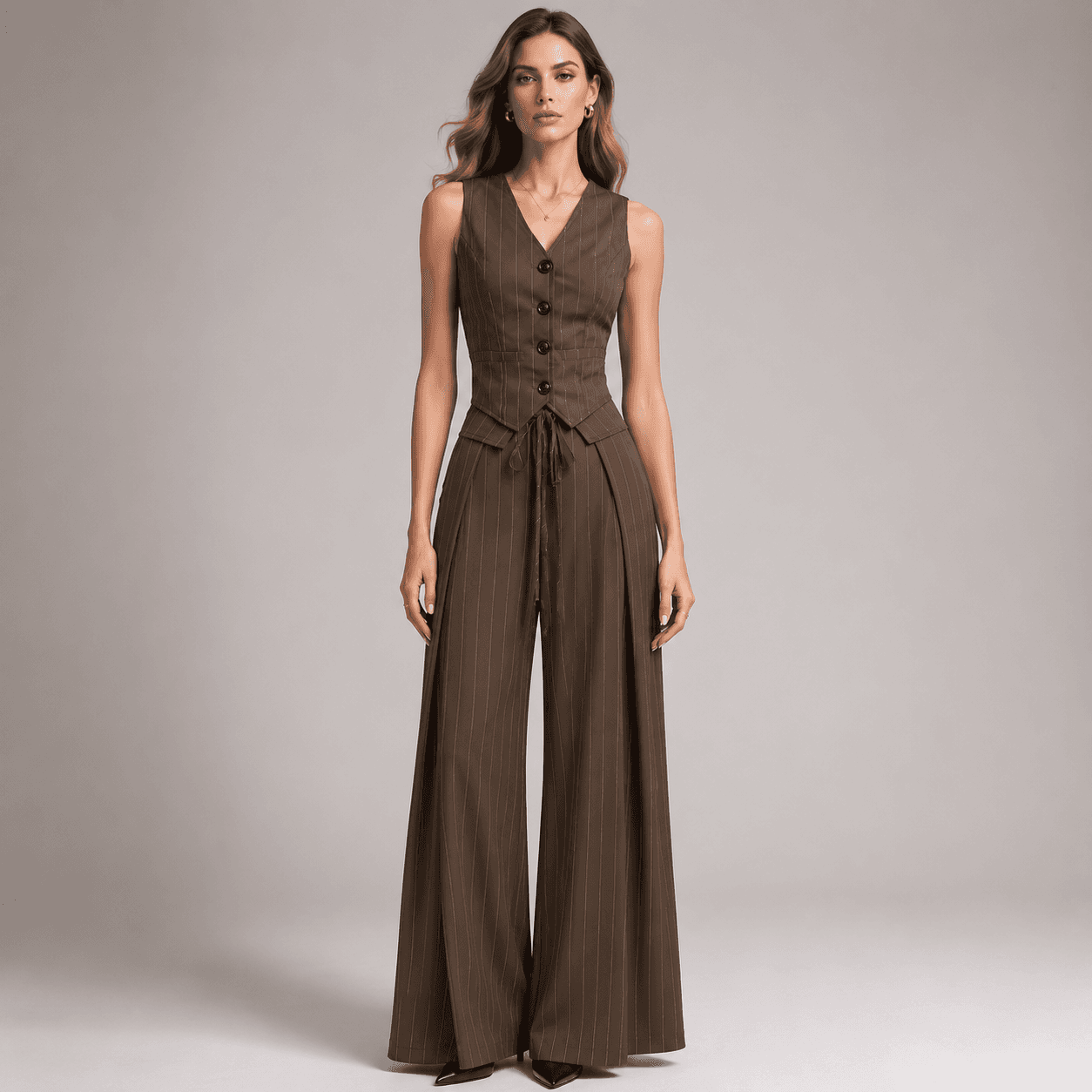 Pinstripe Cinched Waist Vest & Wide Leg Trousers 2-Piece Suit Set