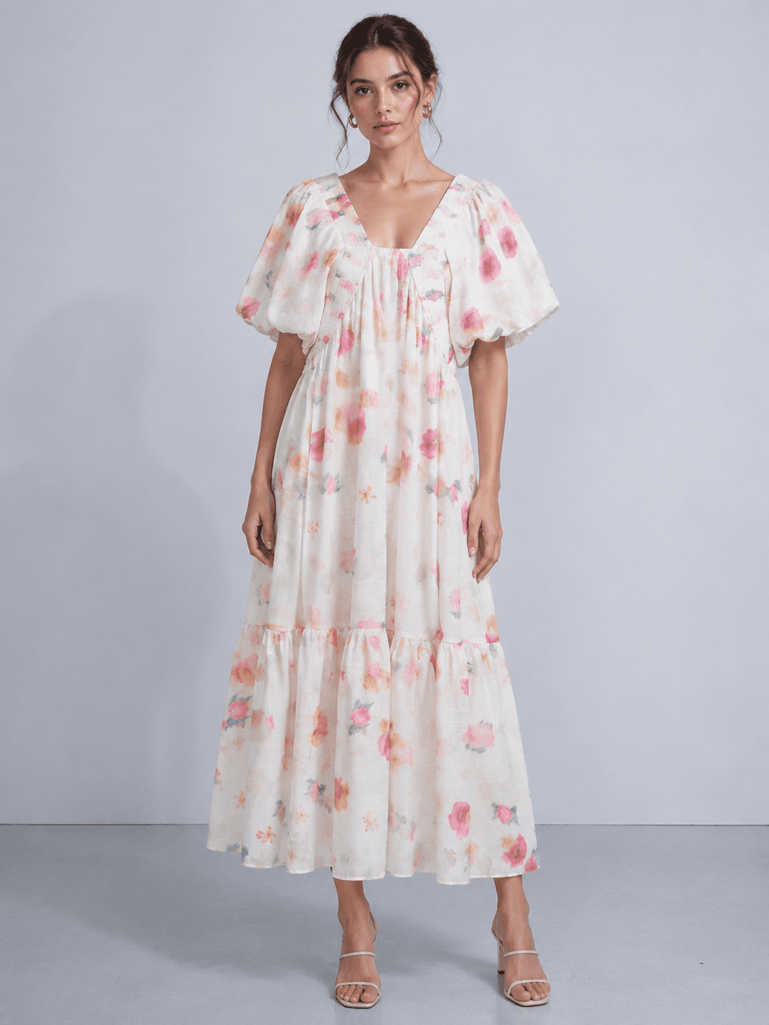 Watercolor Floral Smocked V-Neck Puff Sleeve Tiered Midi Dress