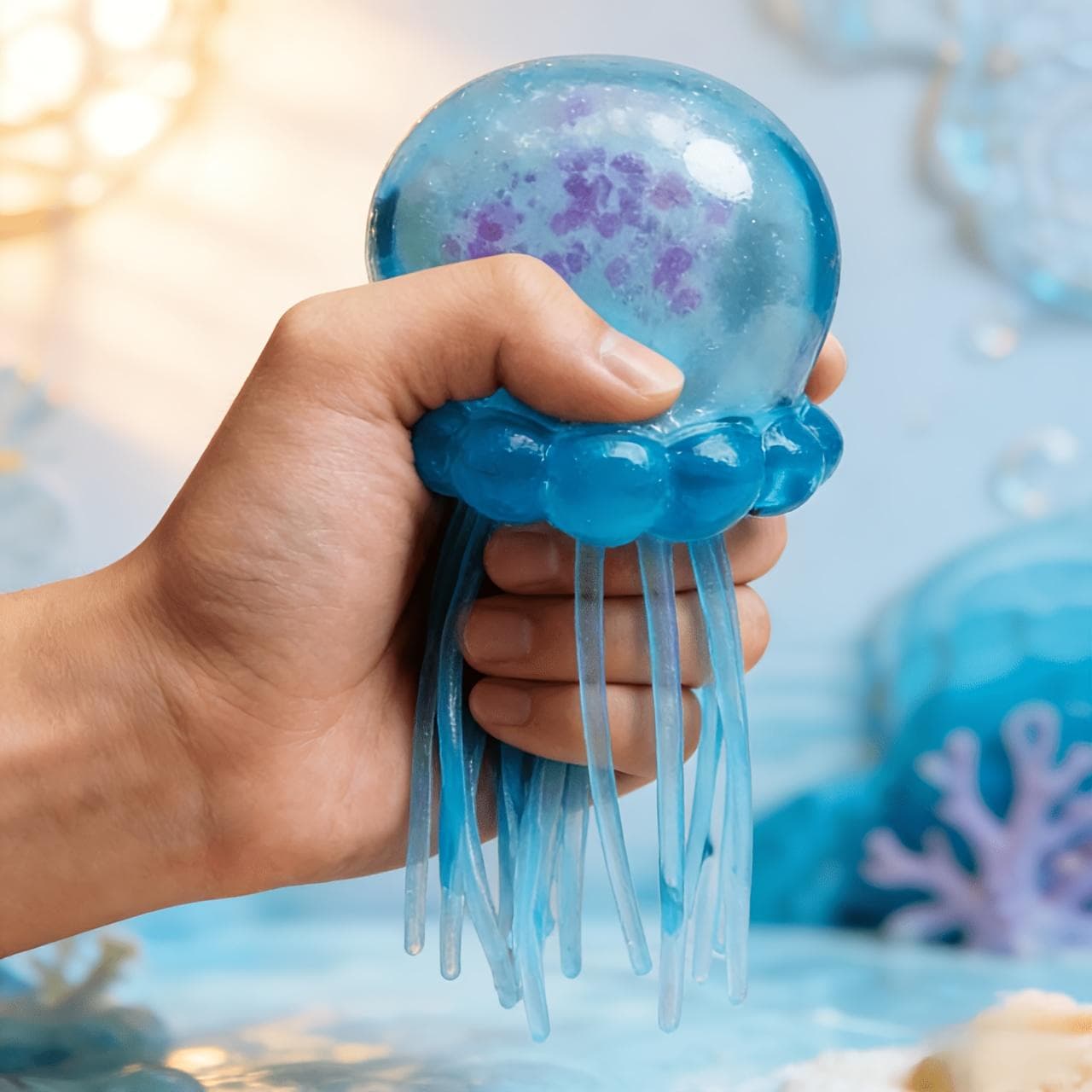 Transparent, Multi-Colored Glitter Jellyfish Decoration Cute Ocean-Themed Desktop Ornament & Soft, Handheld Stress-Relief Gift