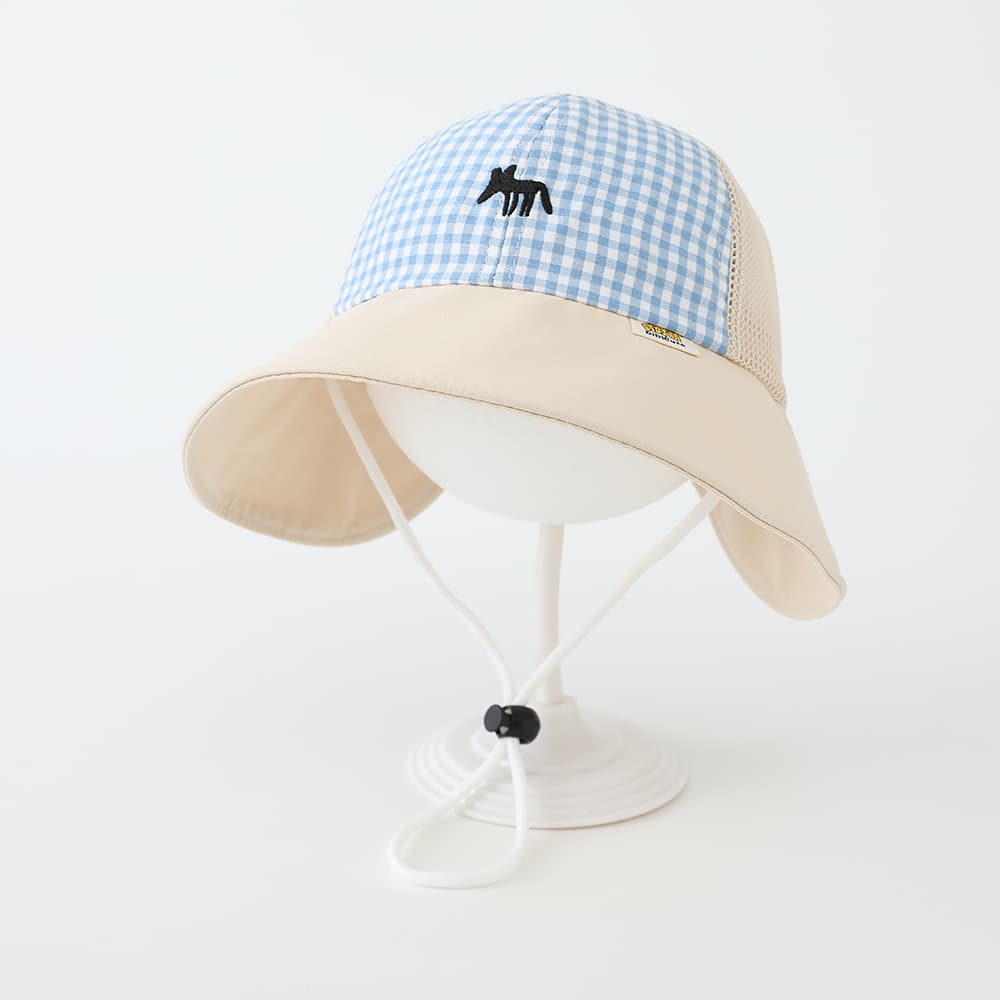 Summer Boys And Girls' Checkered Pointed-mouth Fox Embroidered Fishing Hat With Net Fabric, Breathable, Spliced And Wind-resistant Rope Baby Hat