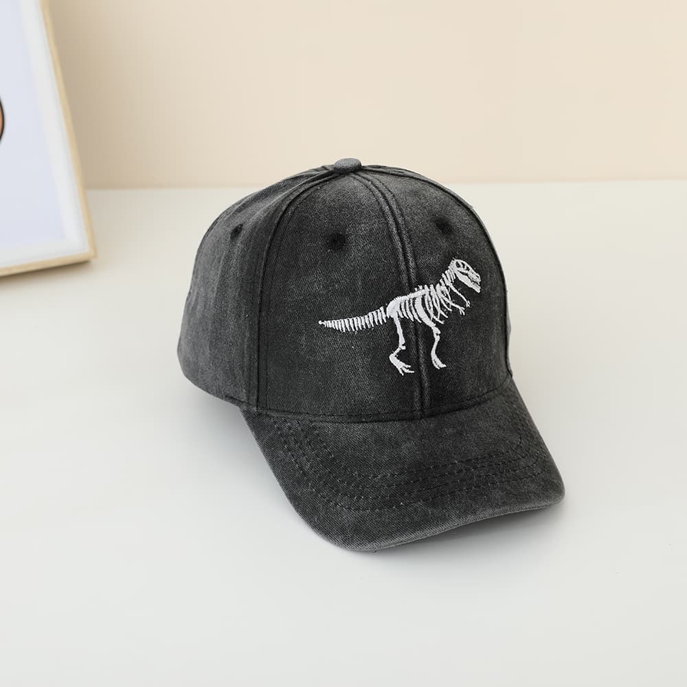 Embroidered Dinosaur Skeleton Fedora With Water-washed Distressed Look For Vintage Style Children's Baseball Cap For Outdoor Play And Shopping