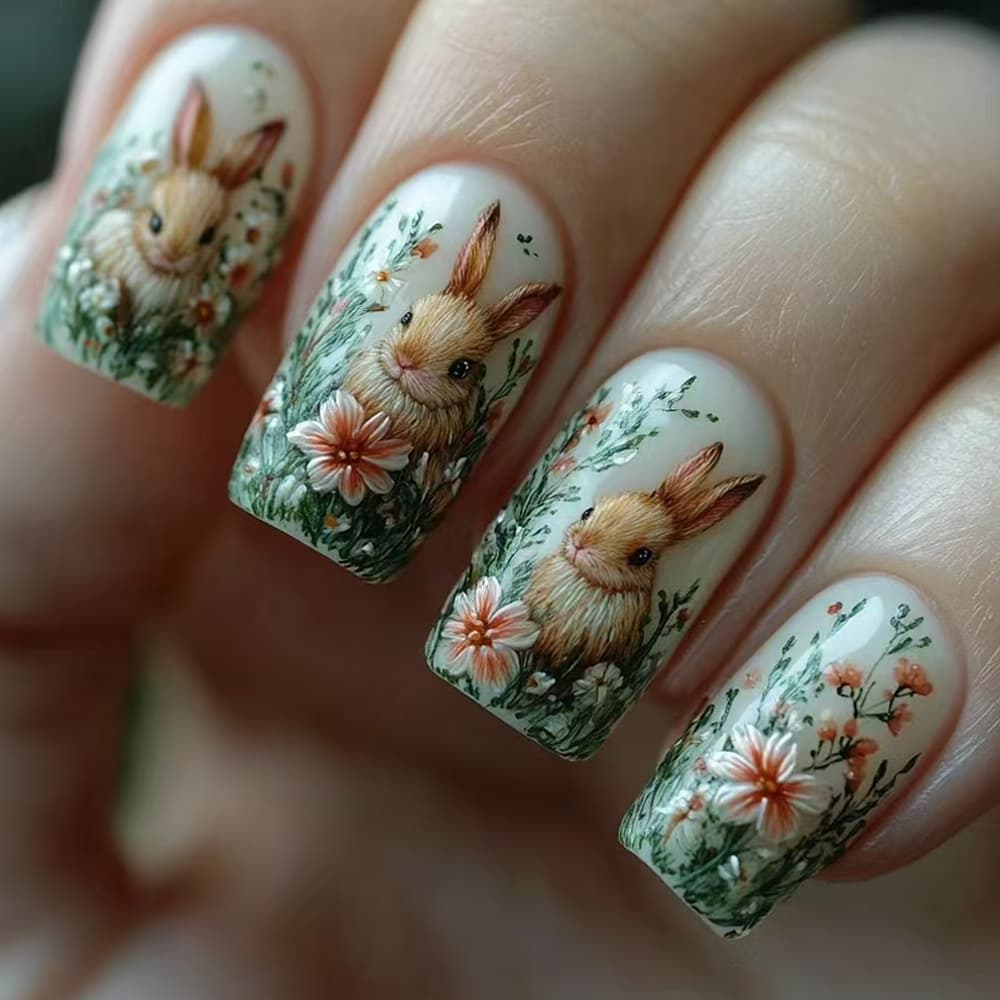 Easter 24 Short Square Acrylic Nail Stickers Of Little Rabbits For Pressing And Gradual Color Change Of Nails. Includes 1 Tube Of Gel Glue And 1 Nail File. Wearable Nail Accessories.