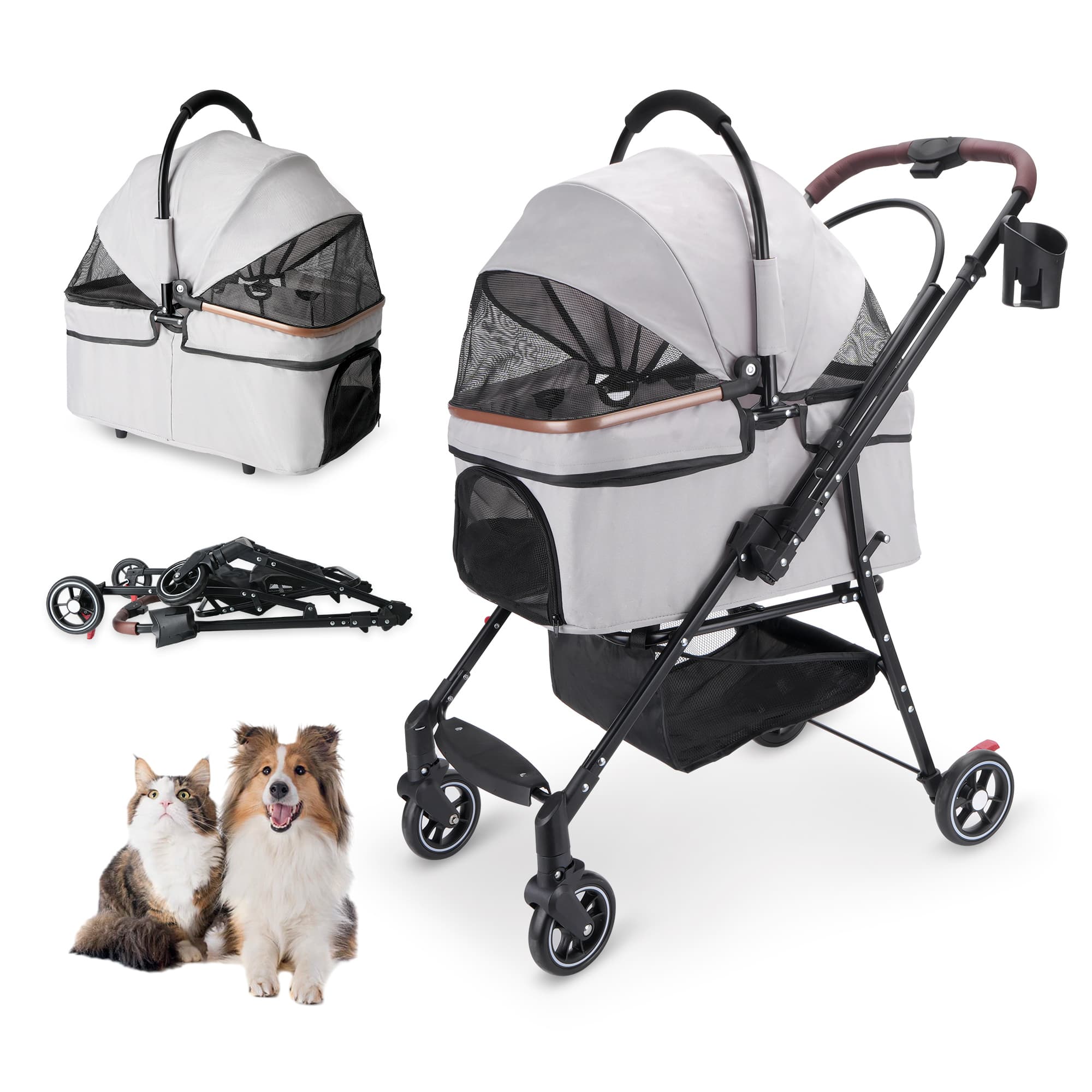 4-Wheel Foldable Pet Stroller for Dogs & Cats 360° Rotating Wheels, Separable Carrier & Travel Bag for Small Animals