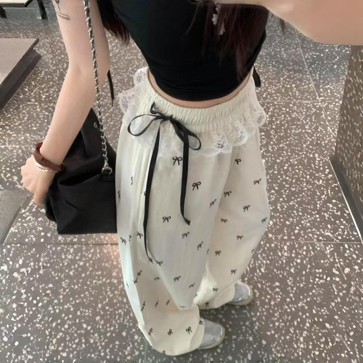 Bow-knot Lace-Patch Wide-leg Casual Pants For Women