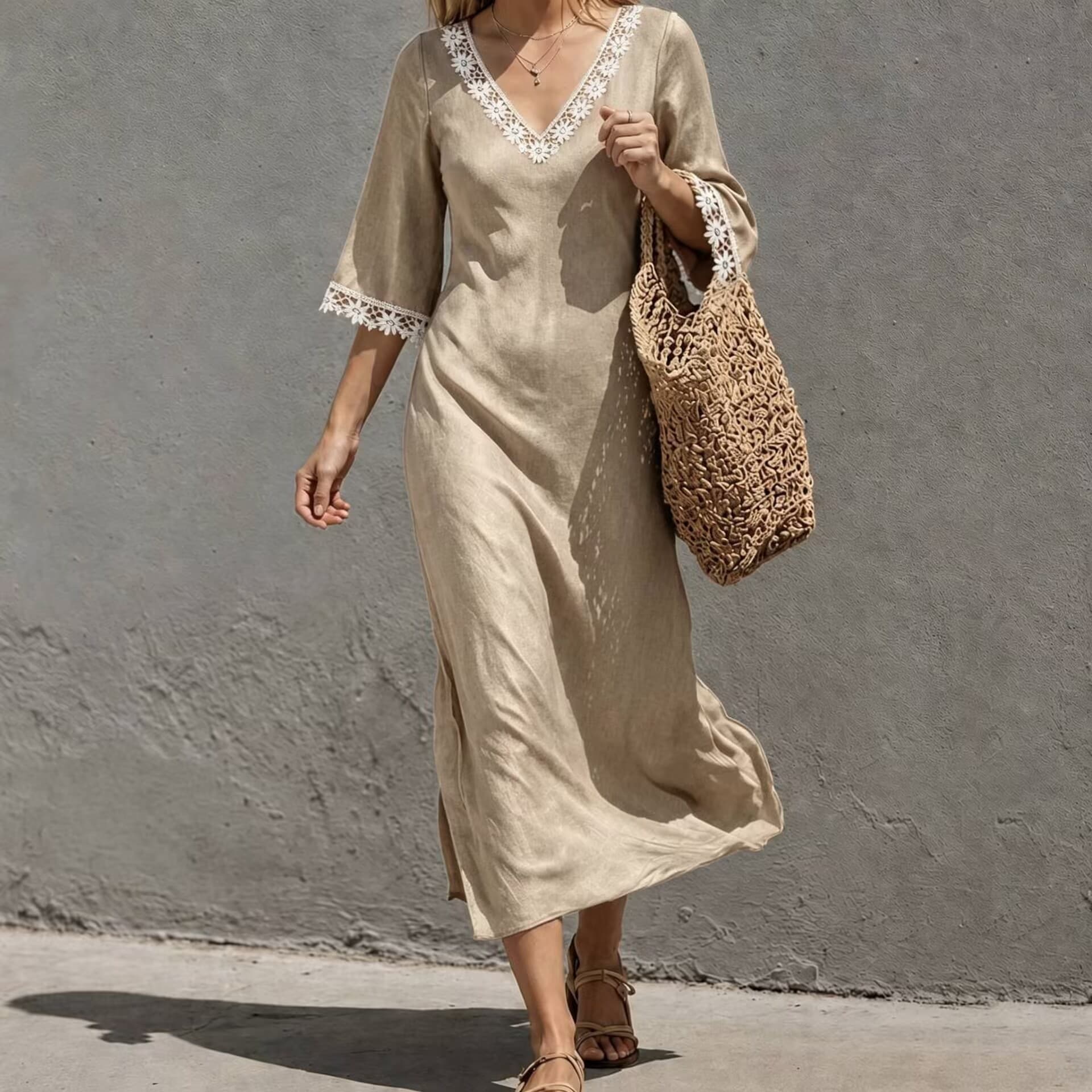 V-neck Lace Long Casual Dress