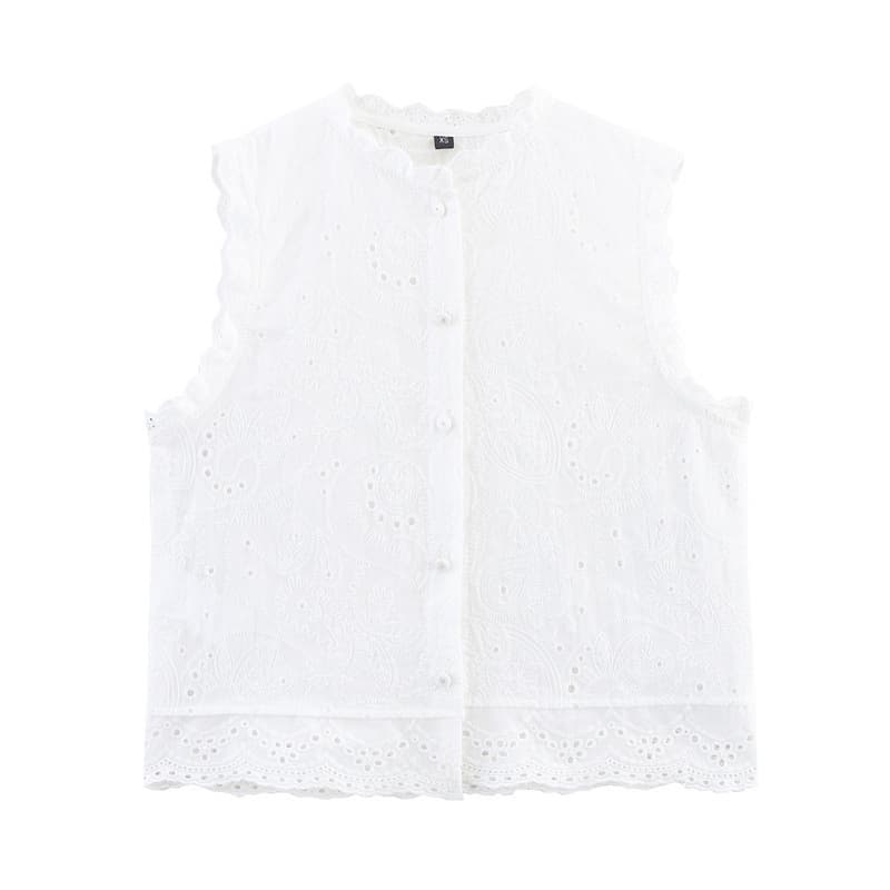 Women's Fashion Casual Sleeveless Crewneck Hollow-out Embroidered Top