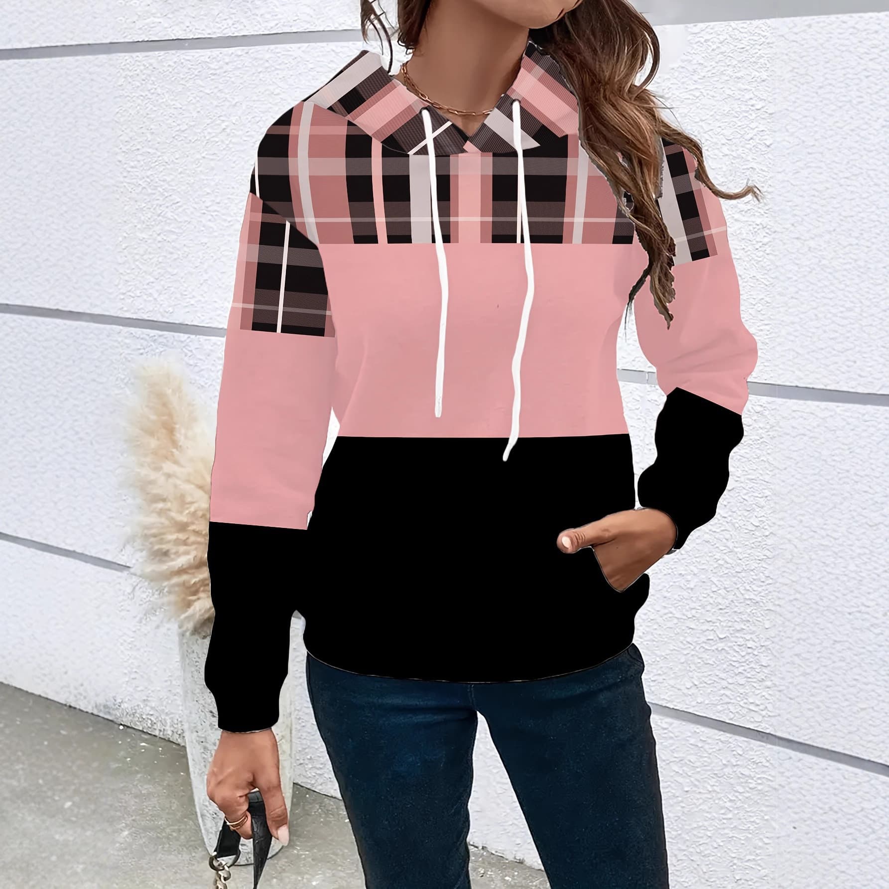 Womens Plaid Color-Block Printed Hooded Long-Sleeve Top