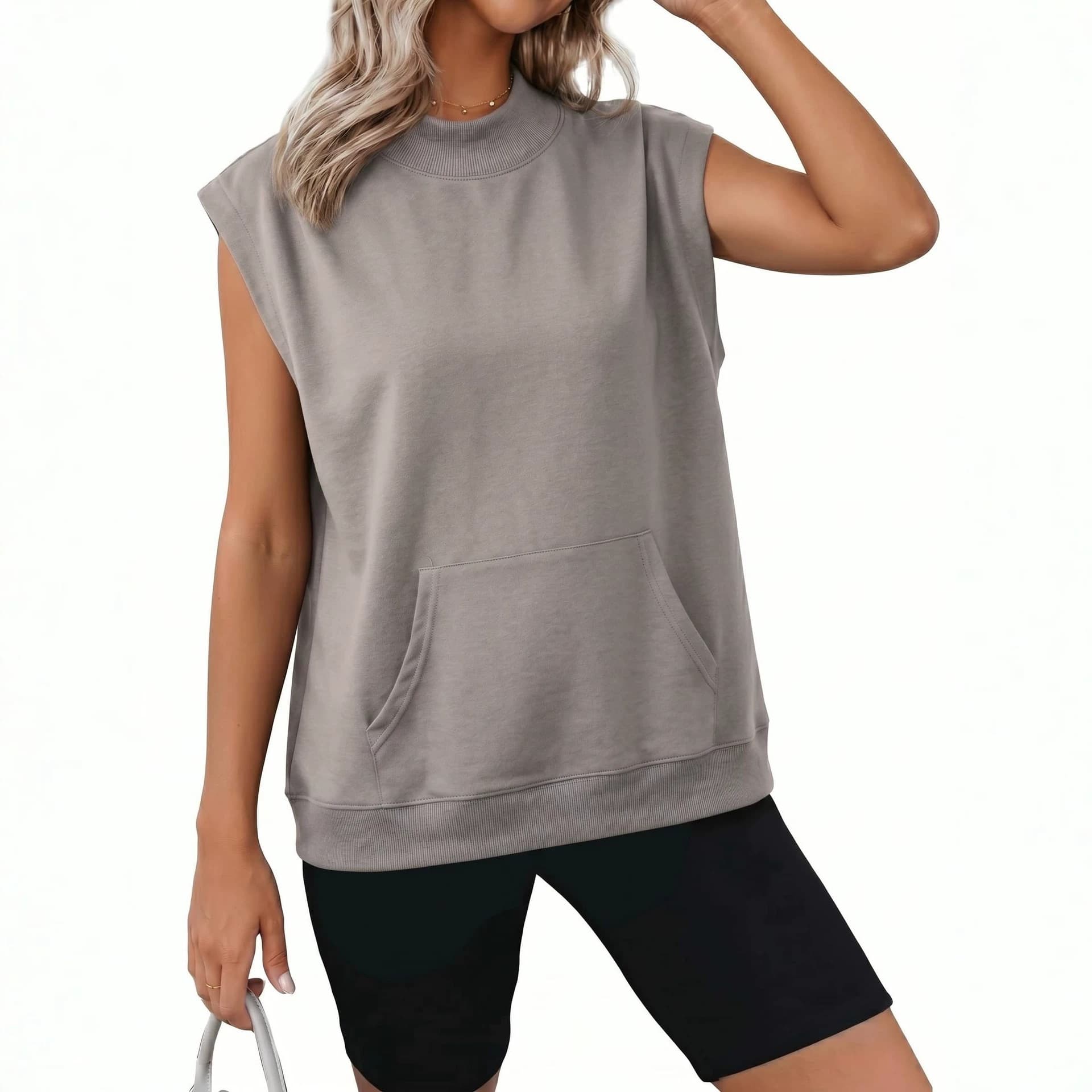 New High-neck Casual Short-sleeve Sweatshirt With Pockets