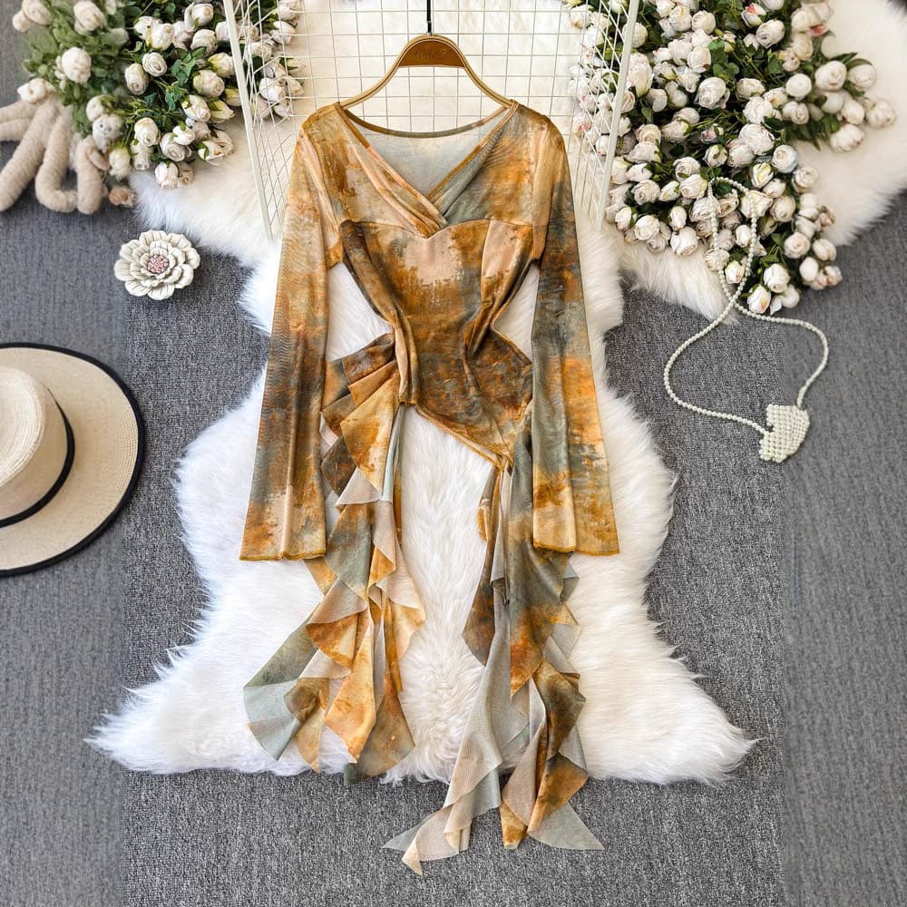 Tie-dye Ribbon V-neck Pleated Slim-fit Long Sleeves