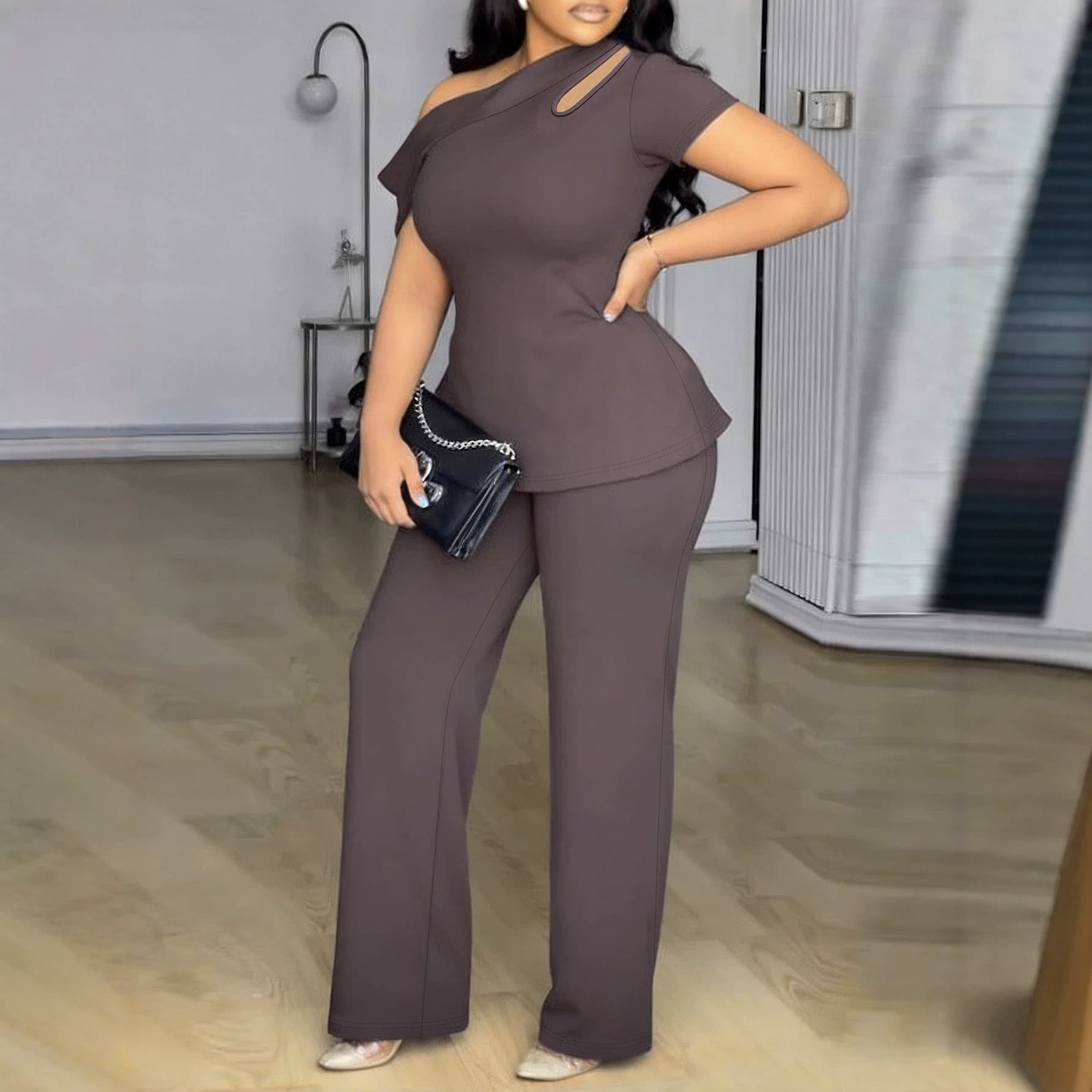 Solid-color Off-shoulder Hollow-out Short-sleeve Top And High-waisted
