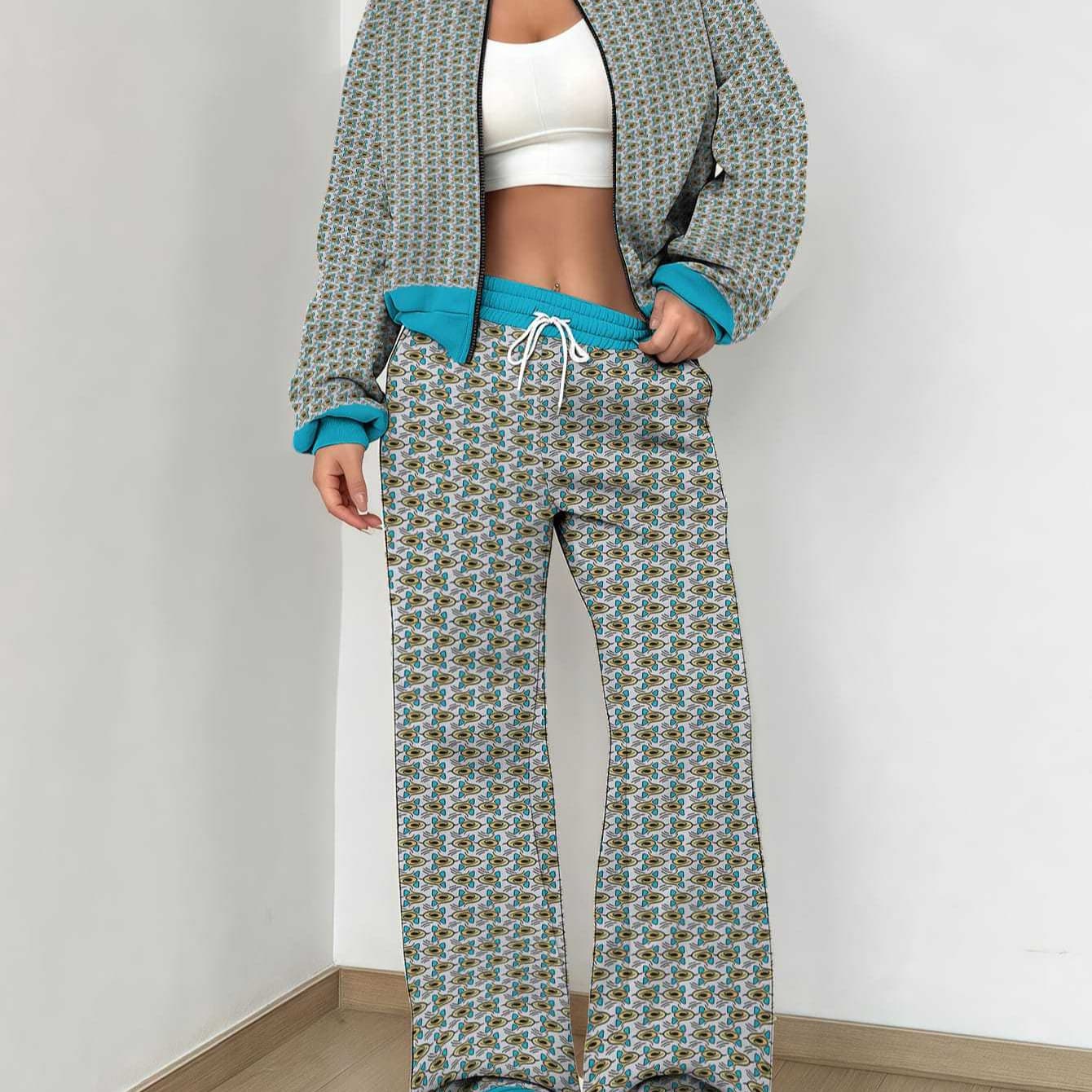 Womens Retro Floral Print Flame-Pattern Patchwork Jacket Set