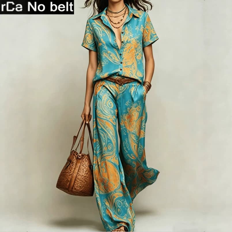 Bohemian-style Ombre Lapel Blouse And High-waisted Wide-leg Pants Set