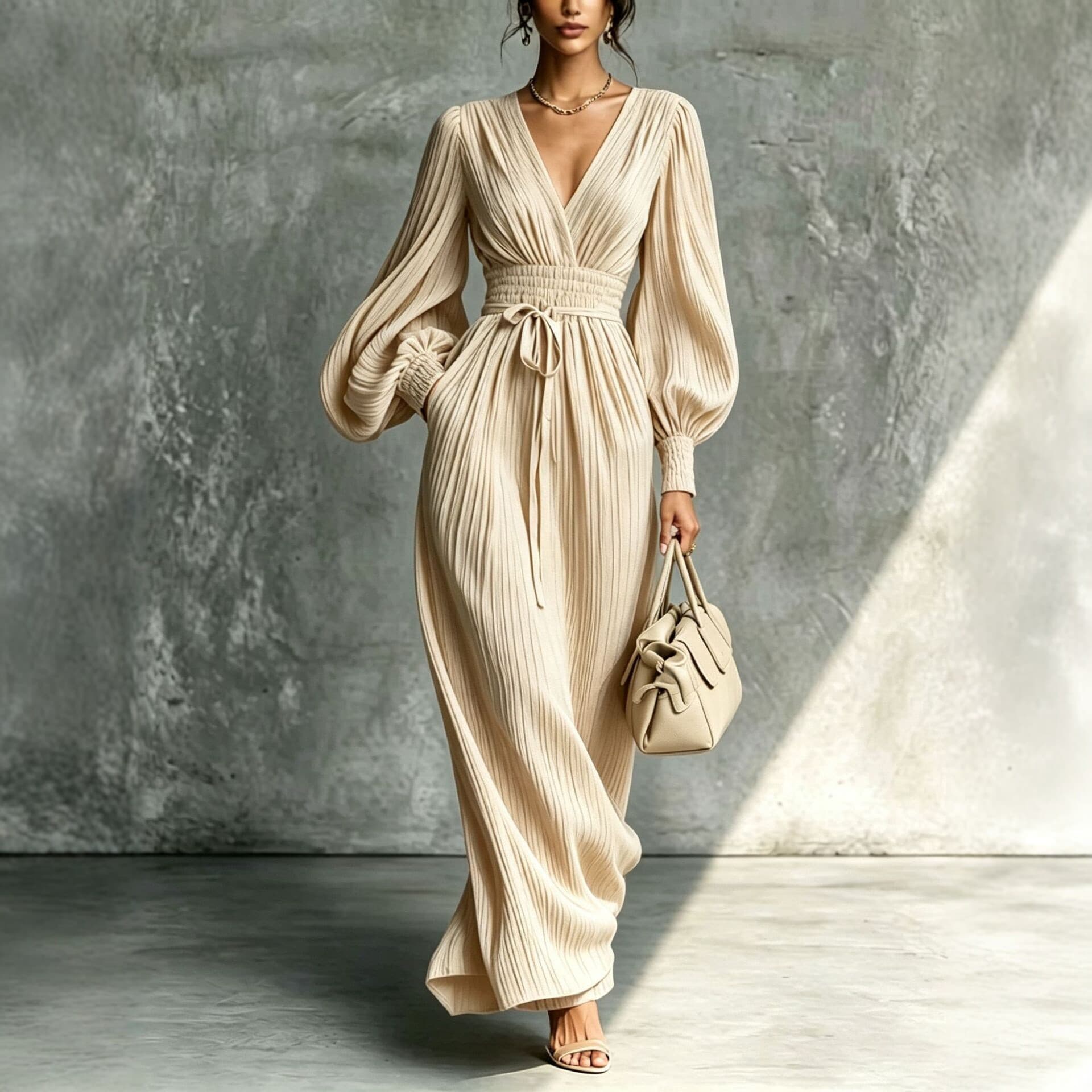 Solid-color Casual Comfortable Waist-cinching Long-sleeve Dress For Women