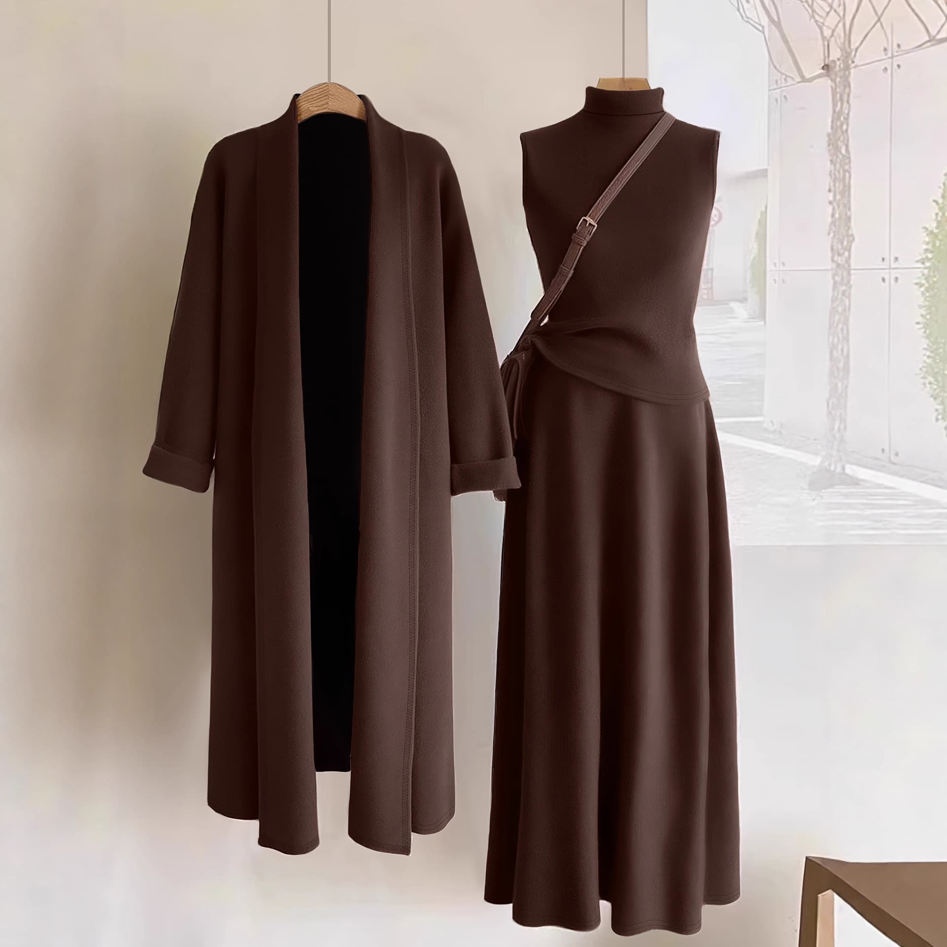 Cardigan Turtleneck Vest And Skirt Setloose Laid-back Style