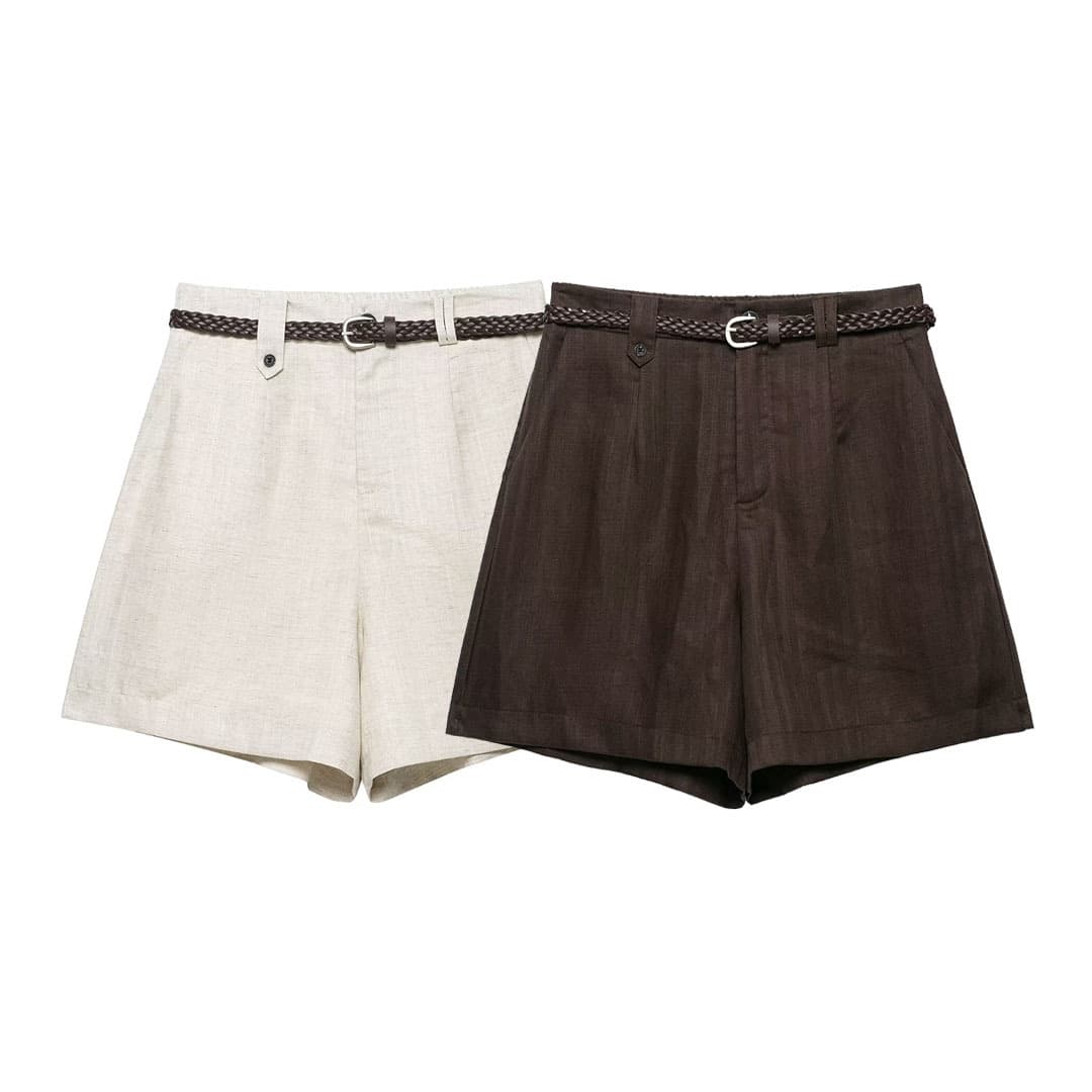 Fashionable Belt-decorated High-waisted Straight-leg Shorts