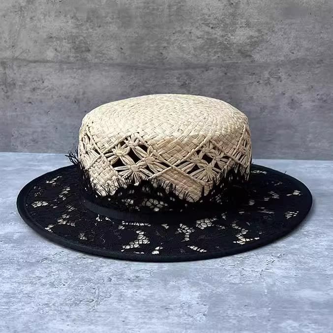 Hand-knitted Raffia Flat-Top Womens Vintage Lace Straw Sun Hat