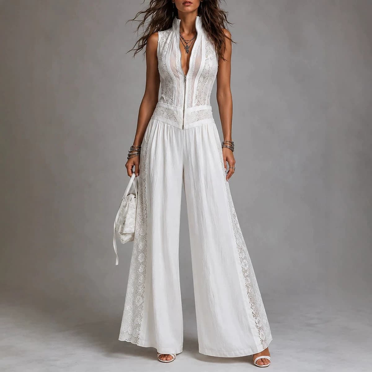 High-waisted Draping Wide-leg Jumpsuit With Side Cutouts