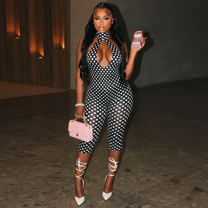 Womens Sexy Polka-dot Halterneck Three-quarter-length Jumpsuit