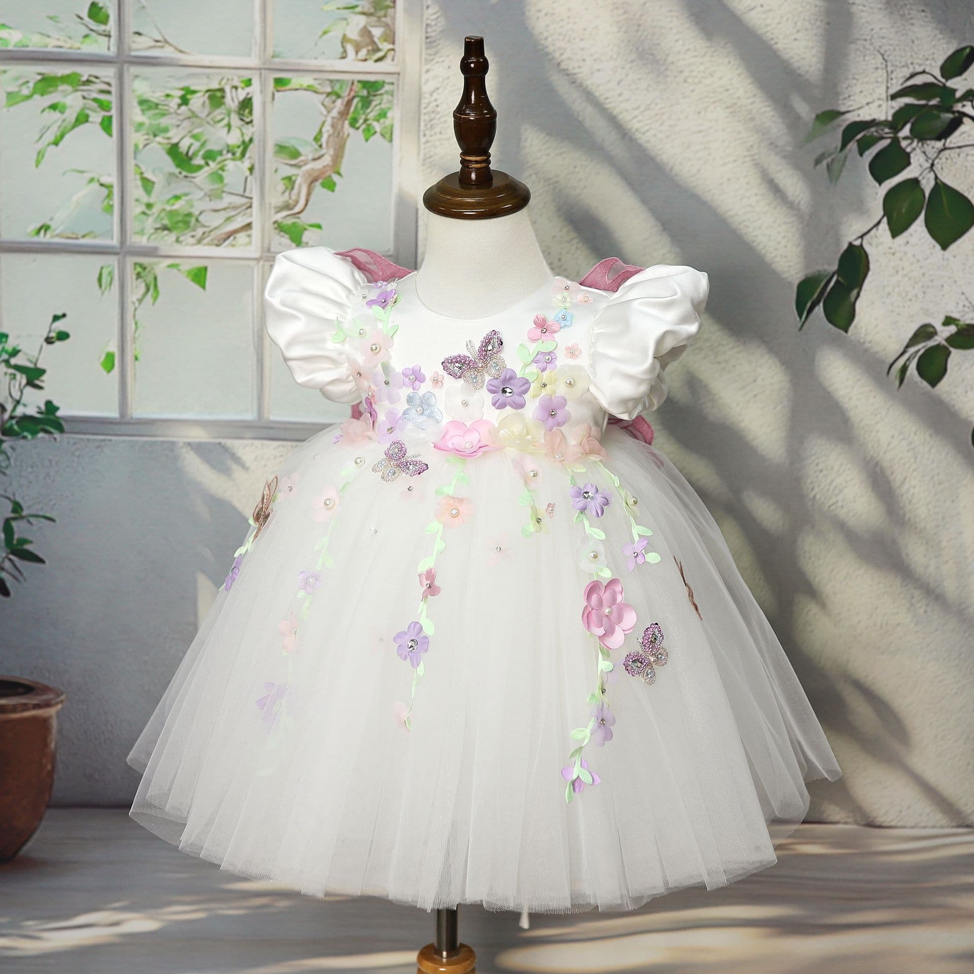 Girls Fluttery Tulle Flower Dress With Butterfly Wings