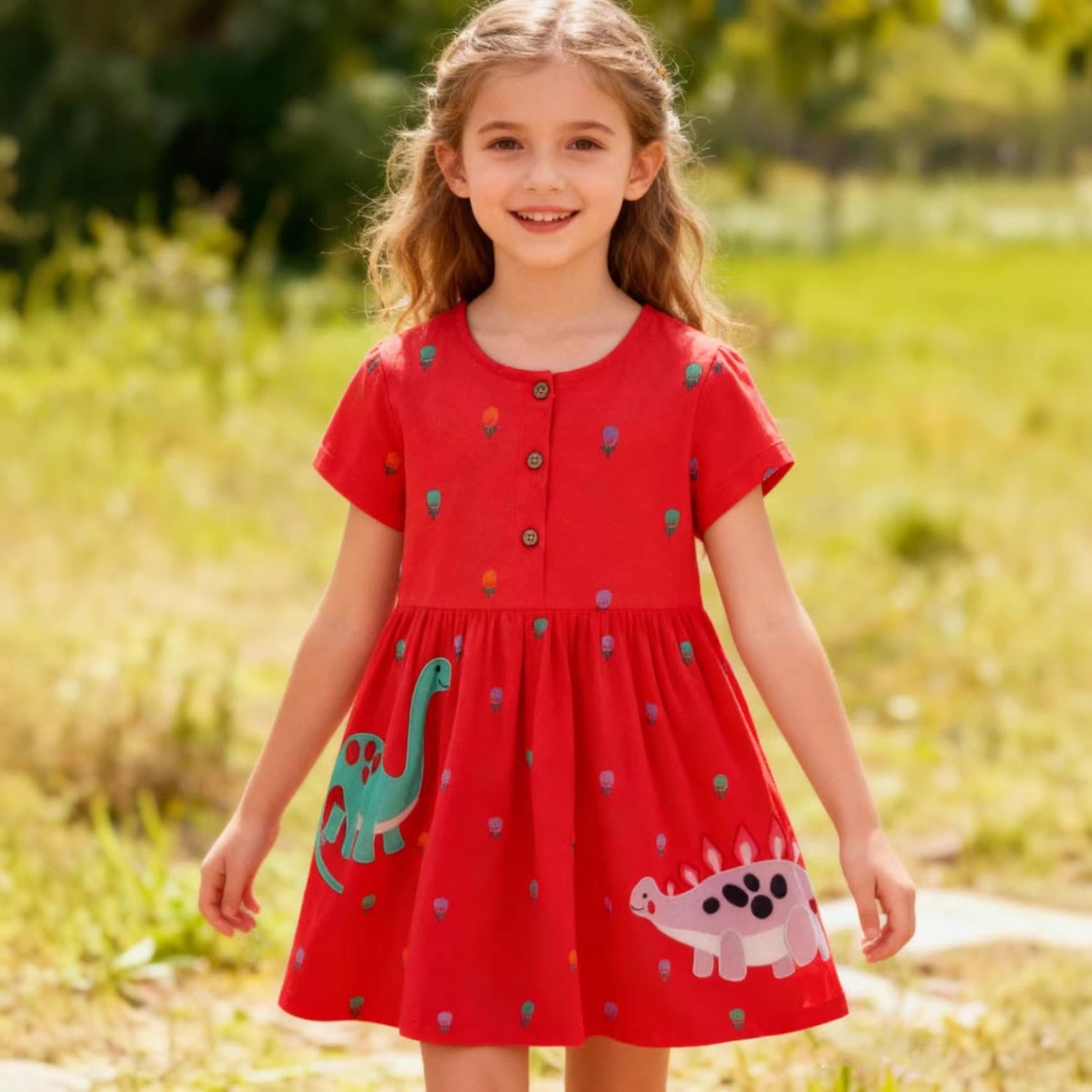 Cute Embroidered Princess Dress In Knitted Cotton With Short Sleeves