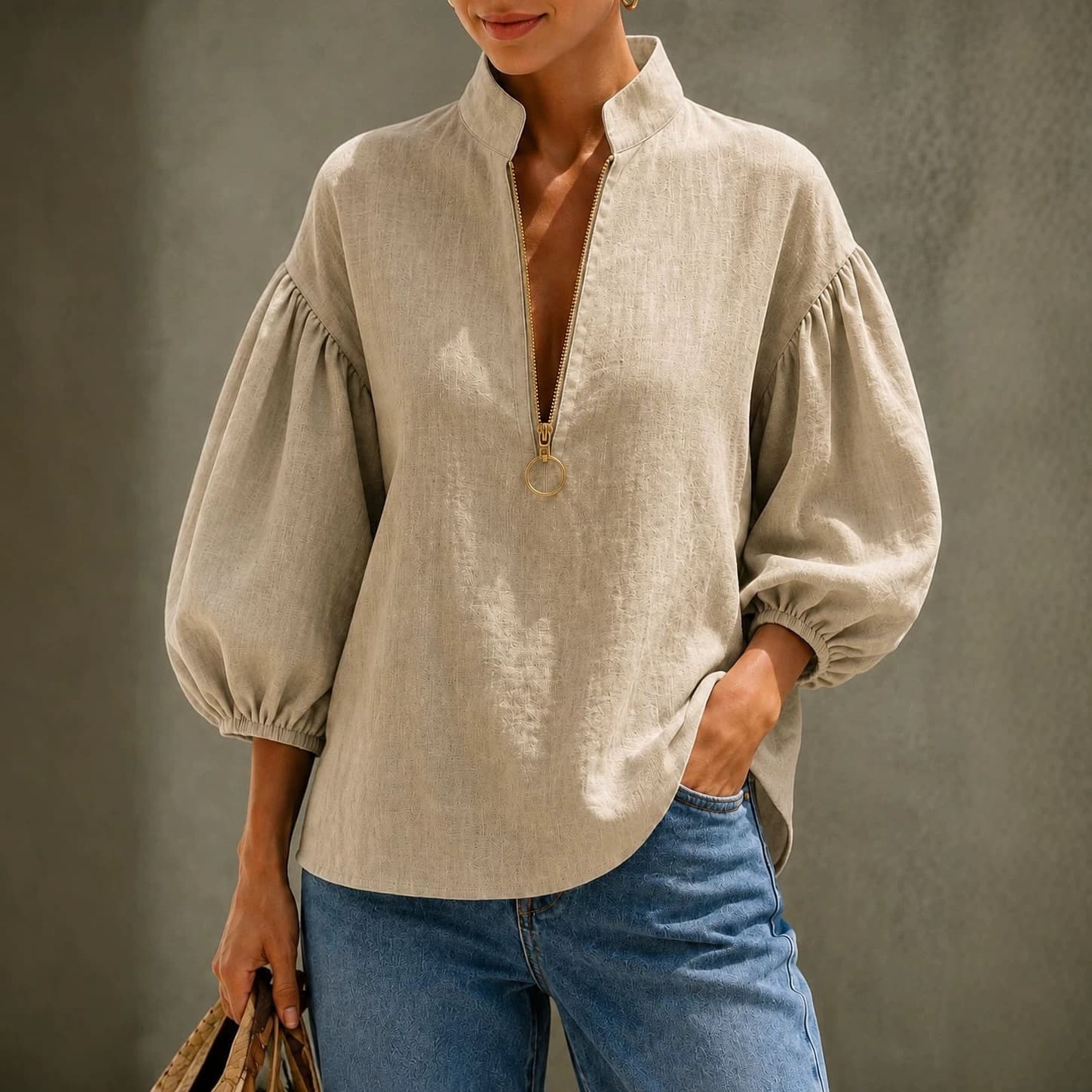 Womens V-neck Metal-zip Lantern-sleeve Loose-fitting Top