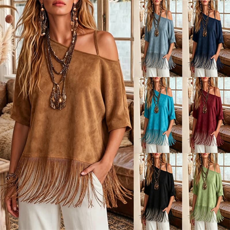 Loose-fit Western-style T-shirt With A Fringed Hem