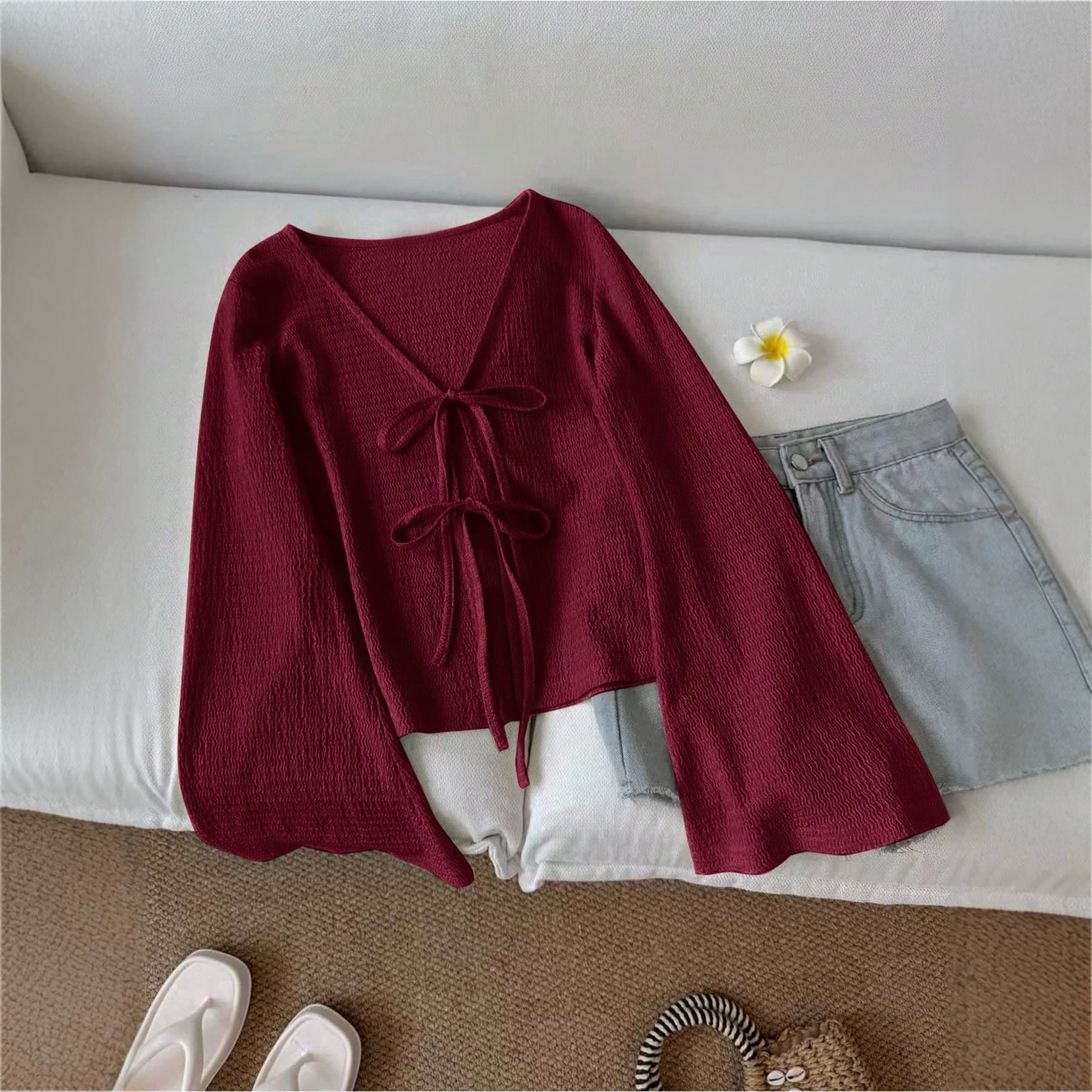 Relaxed-fit V-neck Cardigan With A Tie-waist Design