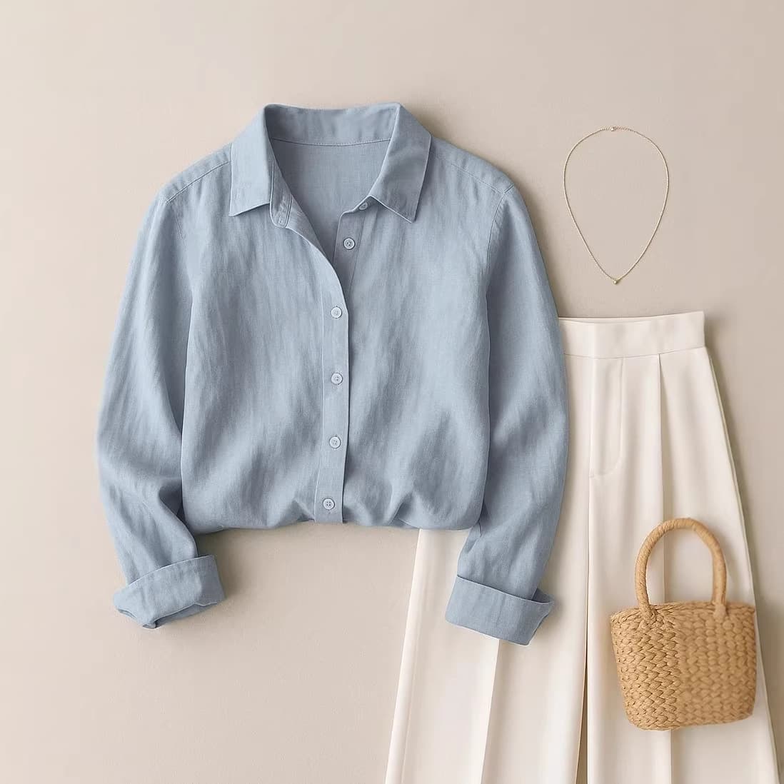 French-style Loose-fit Casual Solid-color Shirt
