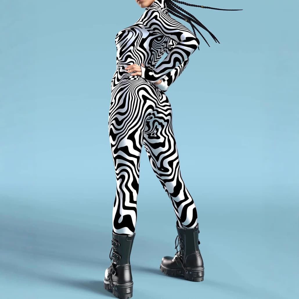 3D Digital-printed Snap-closure Form-fitting Womens Bodysuit