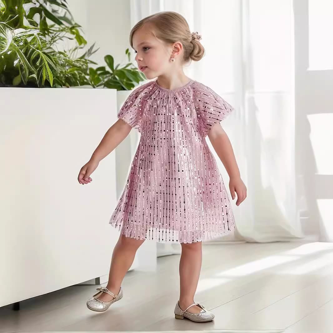 Solid-color Versatile Sequin Party Dress With Drop-shoulder Short Sleeves For Little Girls